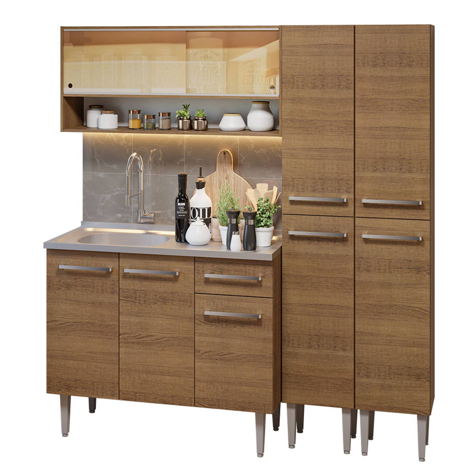 Cocina Compacta 169cm Con Mesón De Acero Marrón Emilly Madesa 13.