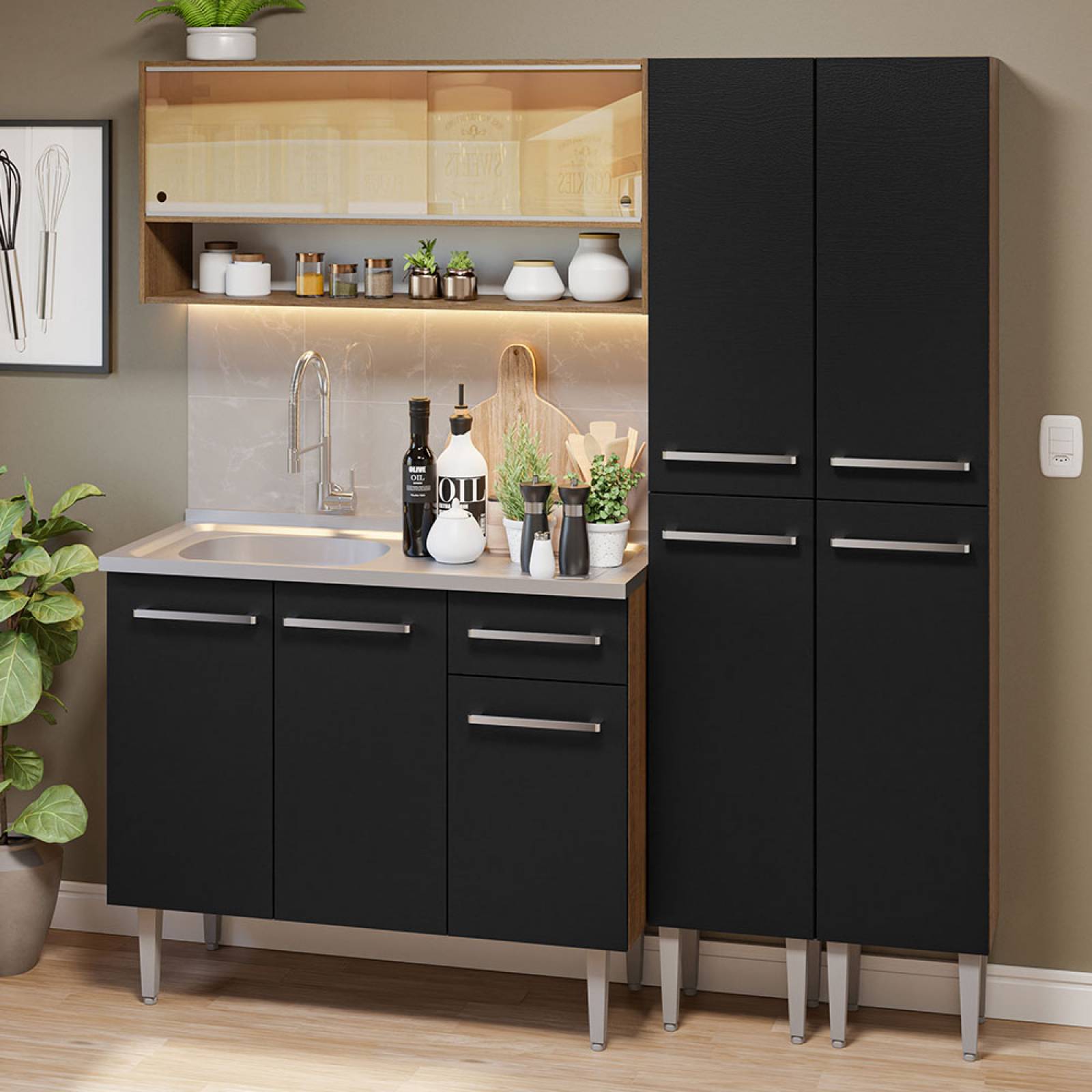 Cocina Compacta 169cm Con Mesón De Acero Marrón/Negro Emilly Madesa 13.