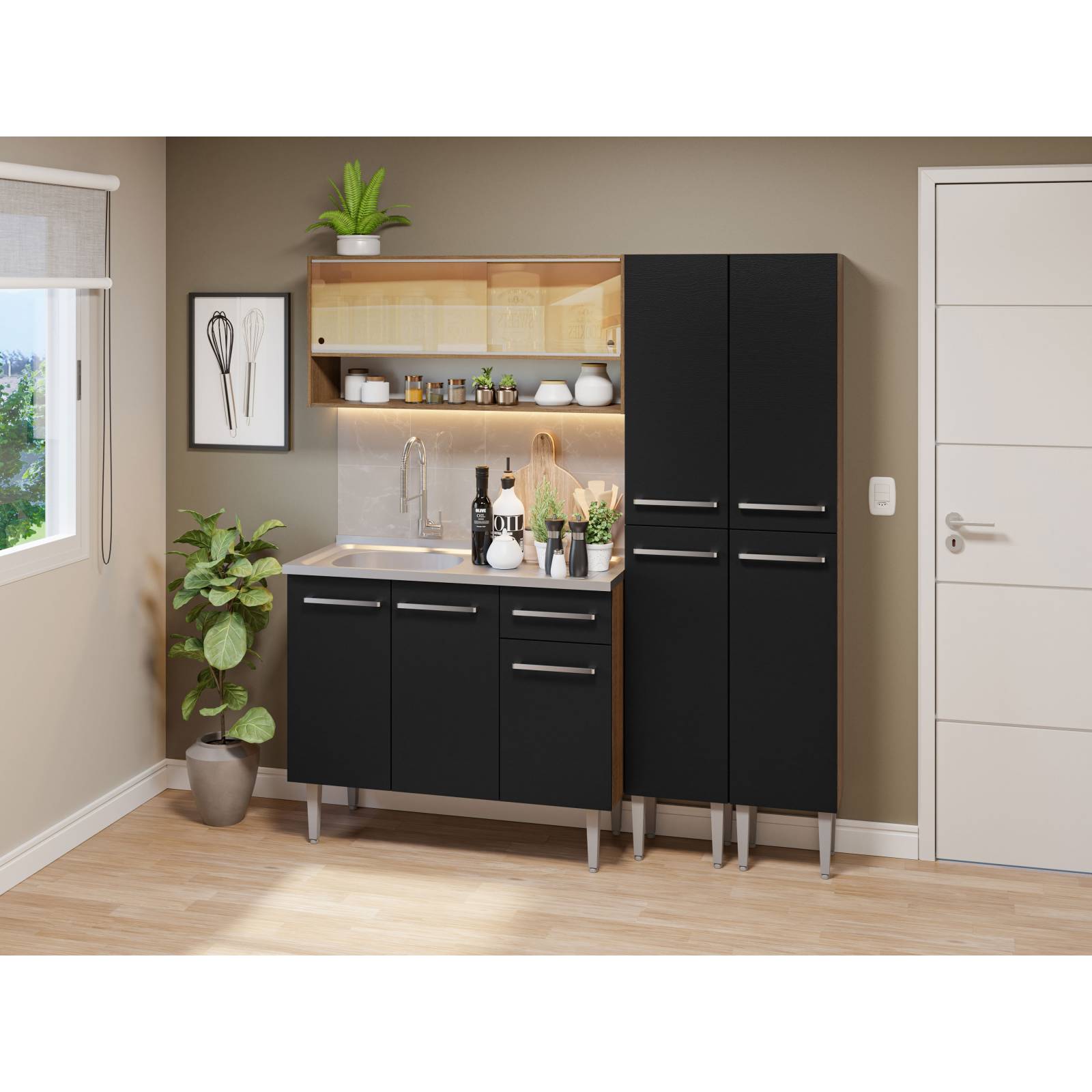 Cocina Compacta 169cm Con Mesón De Acero Marrón/Negro Emilly Madesa 13.