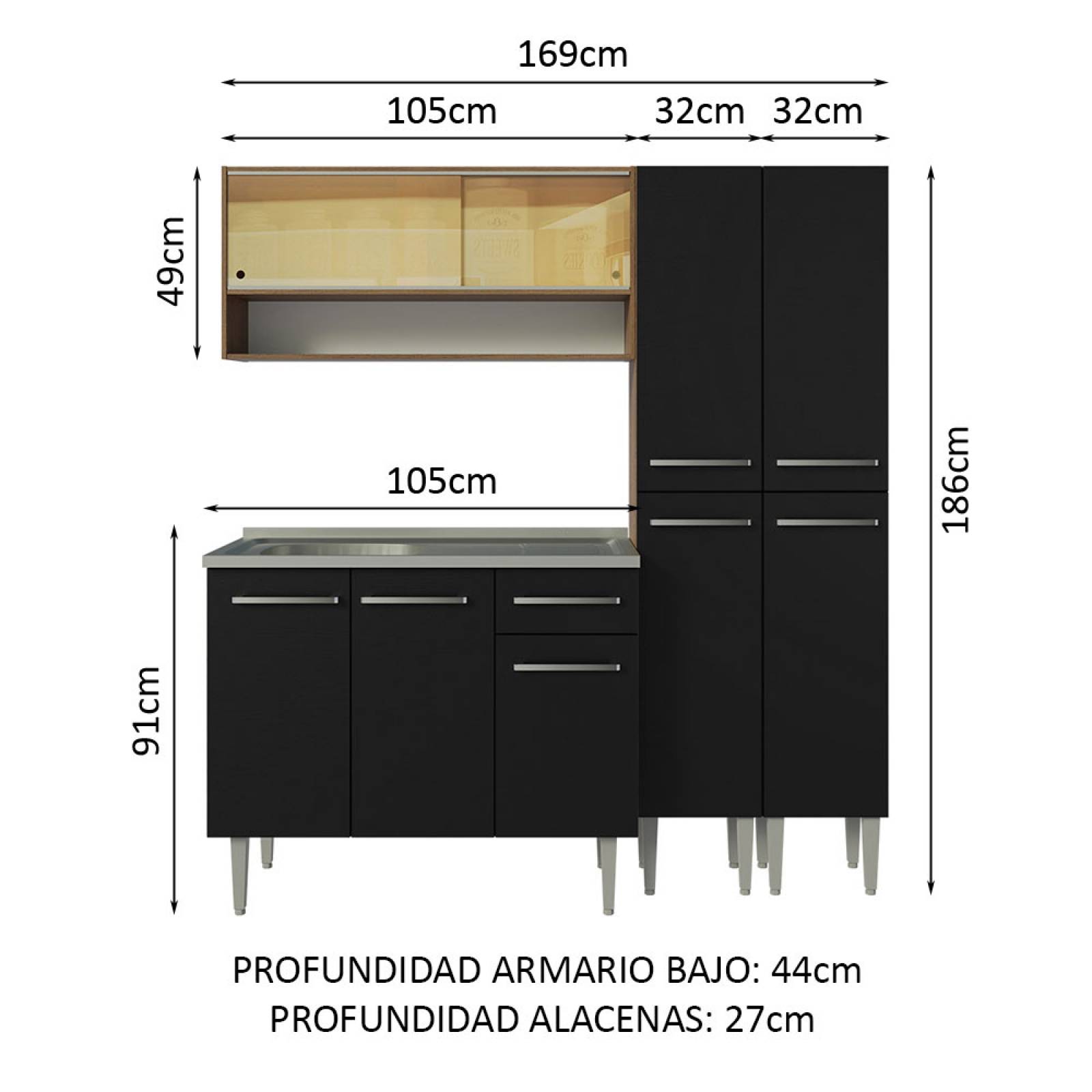 Cocina Compacta 169cm Con Mesón De Acero Marrón/Negro Emilly Madesa 13.