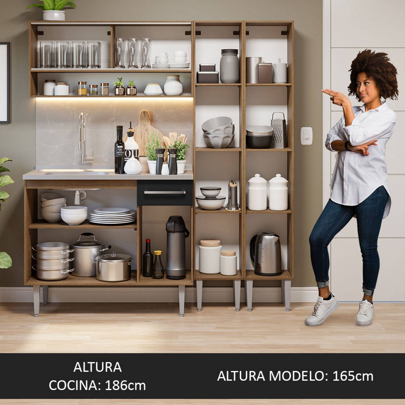Cocina Compacta 169cm Con Mesón De Acero Marrón/Negro Emilly Madesa 13.