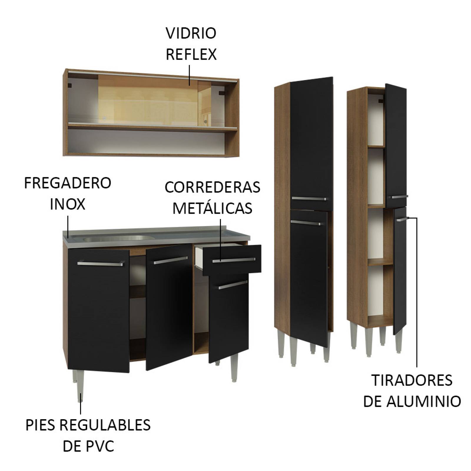 Cocina Compacta 169cm Con Mesón De Acero Marrón/Negro Emilly Madesa 13.