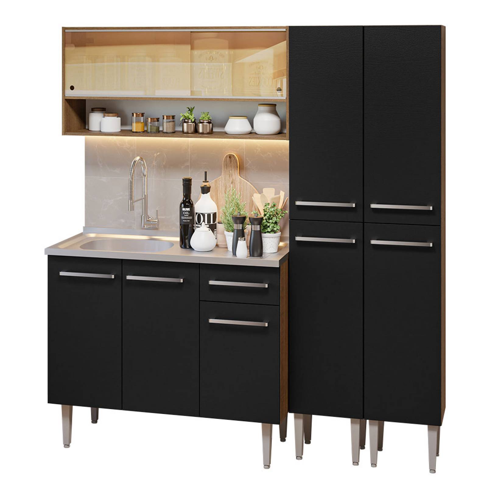 Cocina Compacta 169cm Con Mesón De Acero Marrón/Negro Emilly Madesa 13.