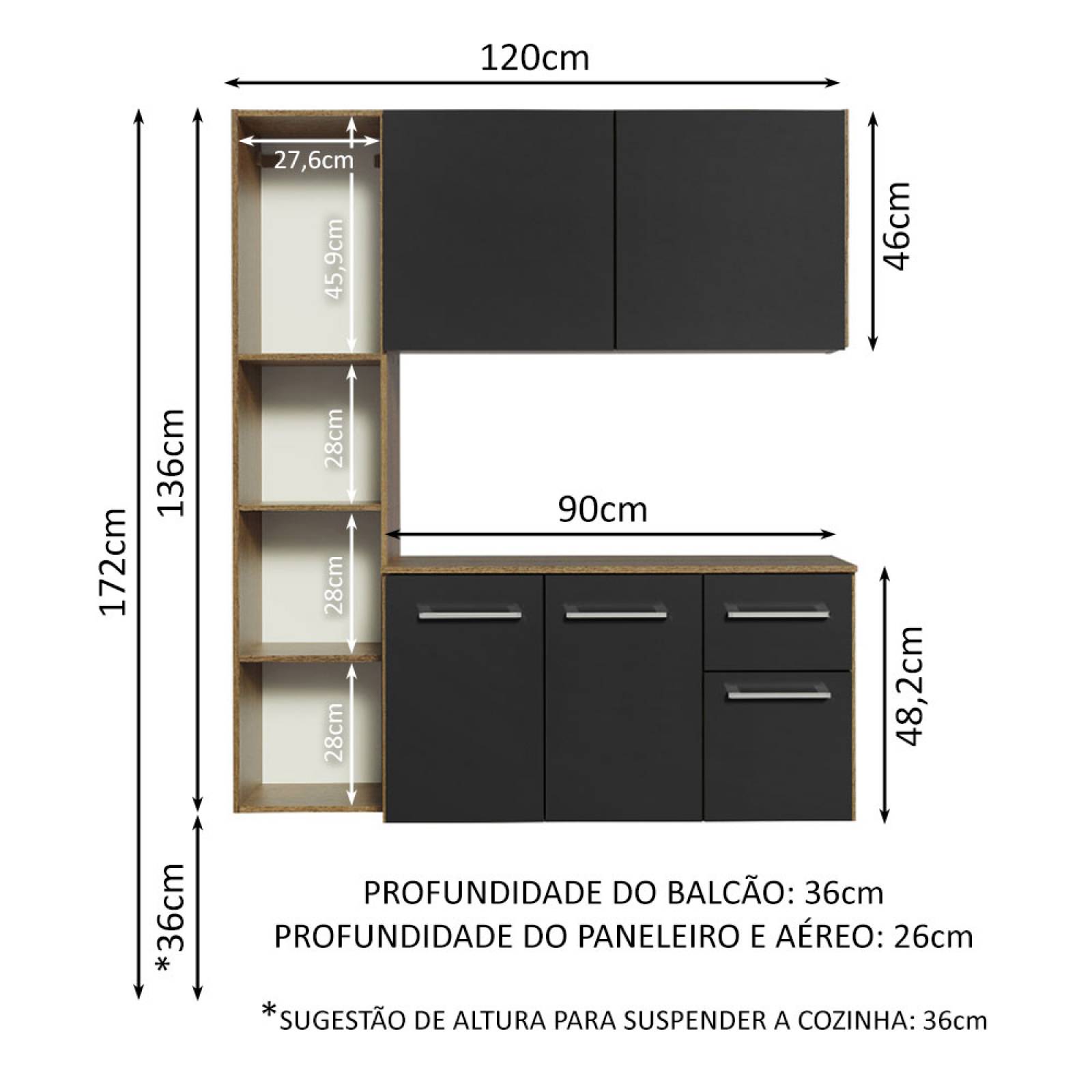 Cocina Compacta Easy Madesa 120cm Negro/Marrón.