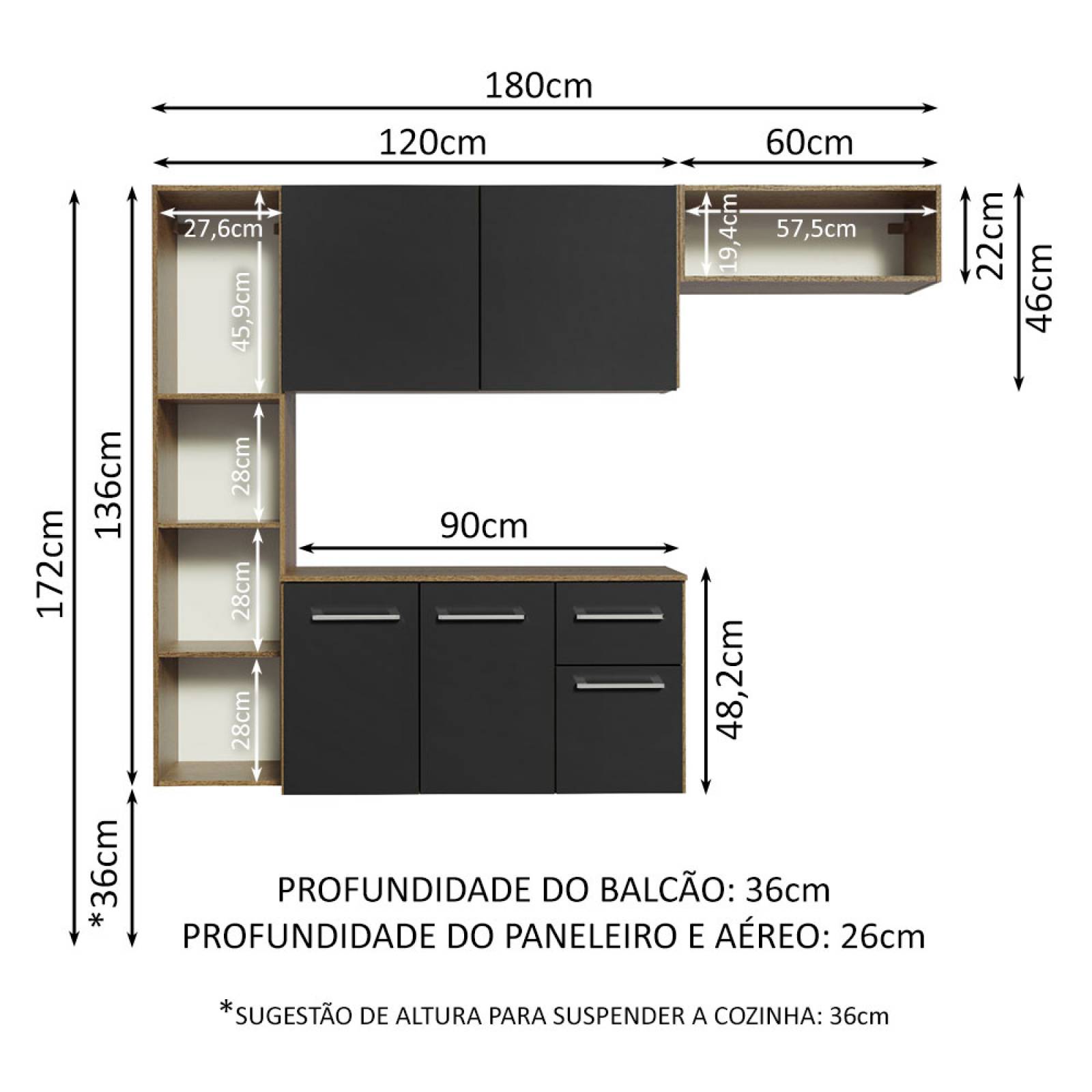 Mueble de Cocina Compacto 180cm Marron/Negro Easy Madesa.