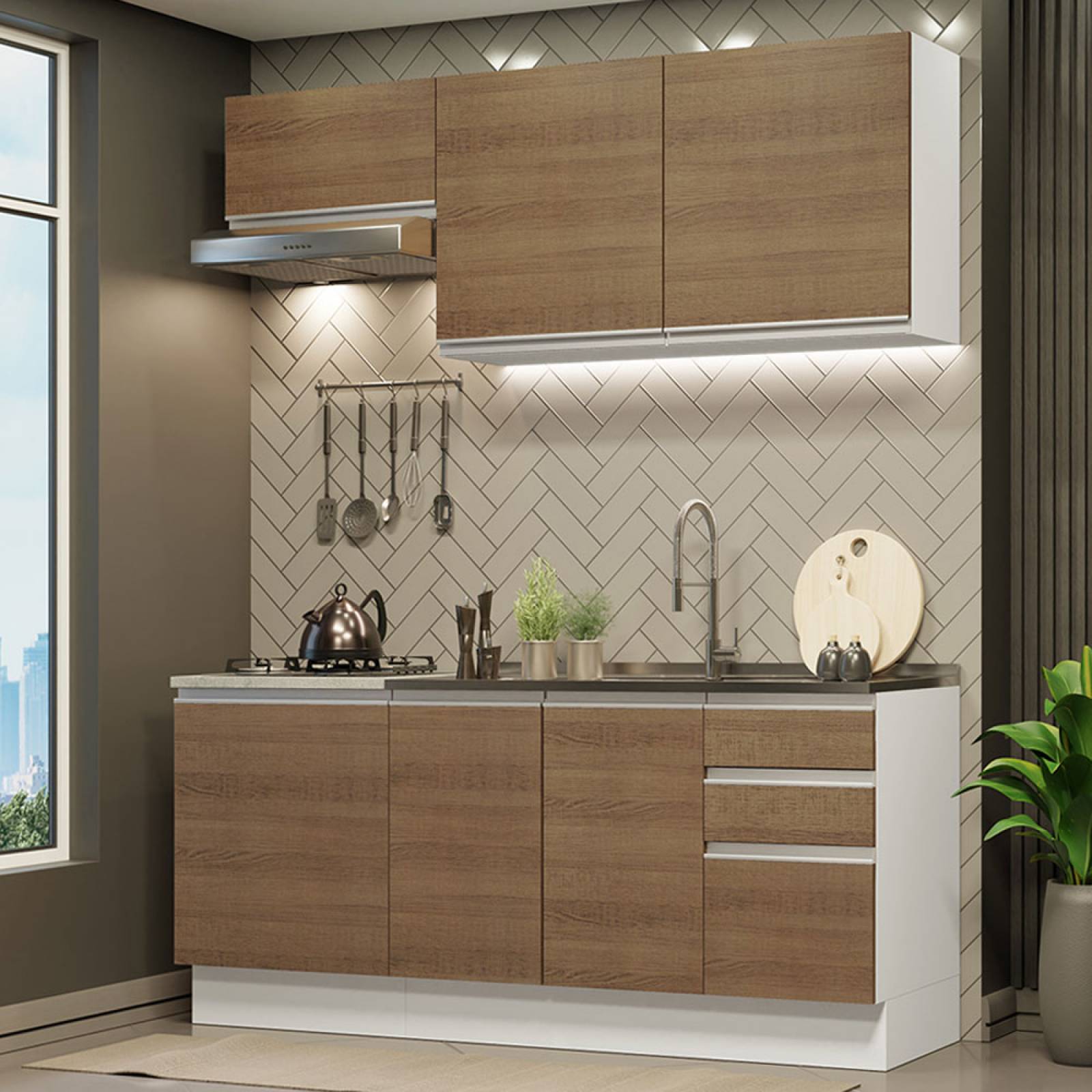 Mueble de Cocina Integral Madesa Glamy Con Mesón De Acero 180Cm