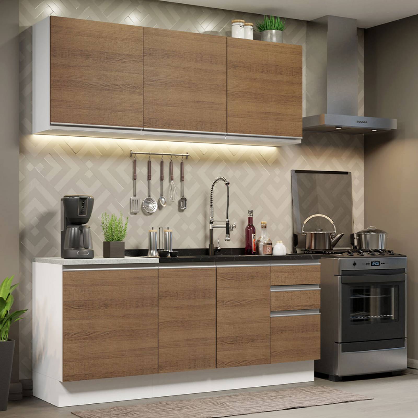 Mueble de Cocina Integral Madesa Glamy Con Mesón De Acero 180Cm
