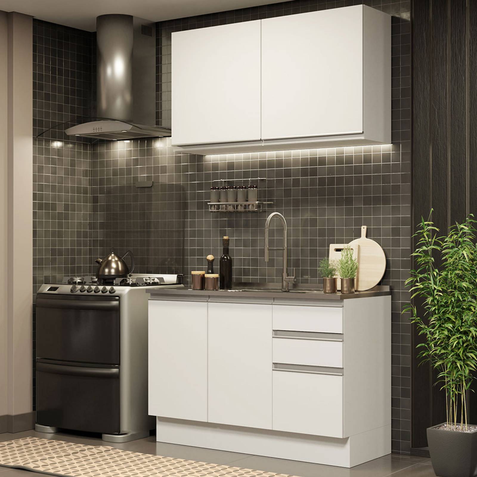 Mueble de Cocina Integral Madesa Glamy Con Mesón De Acero 120Cm.