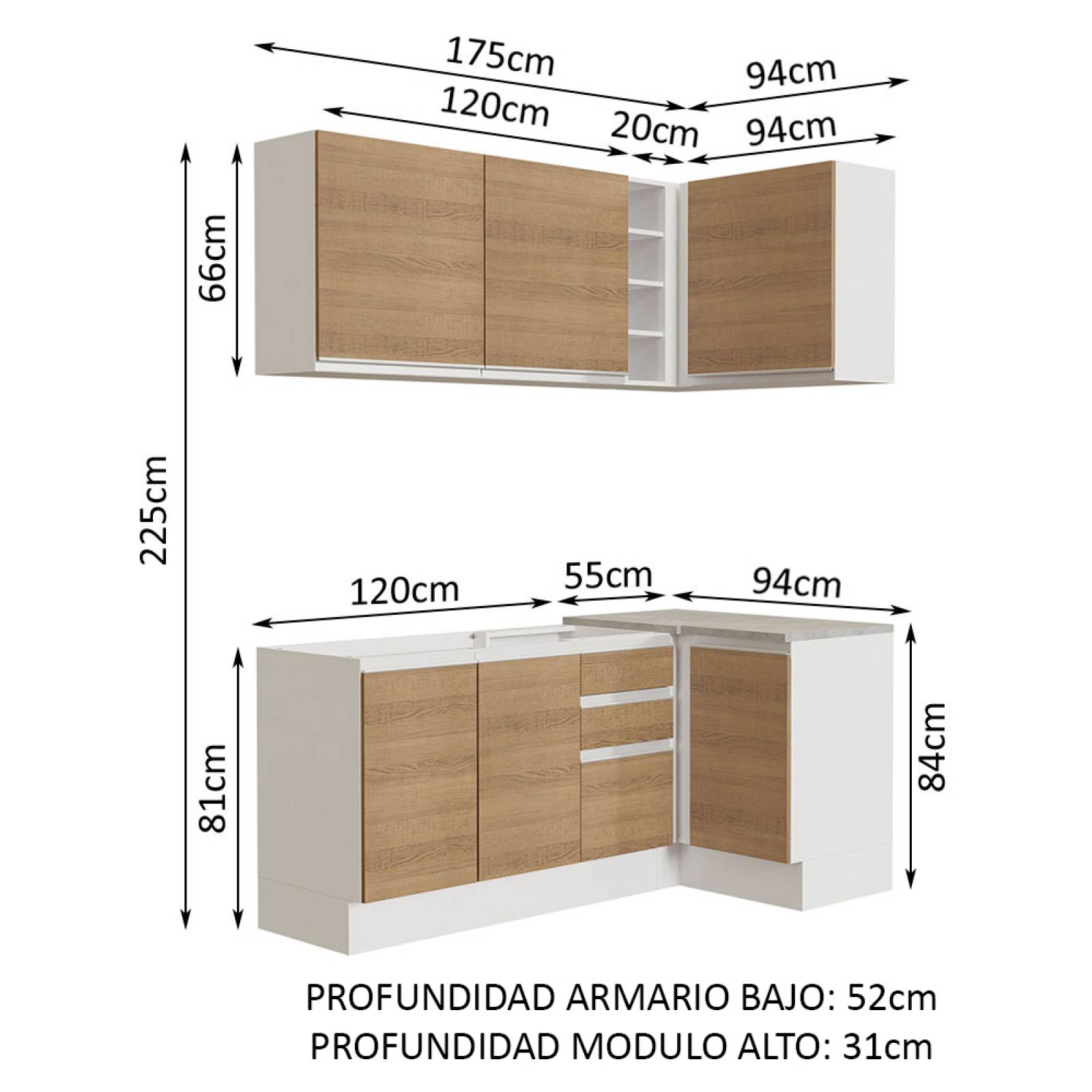 Mueble de Cocina Integral Esquinera 269cm Glamy Madesa 01