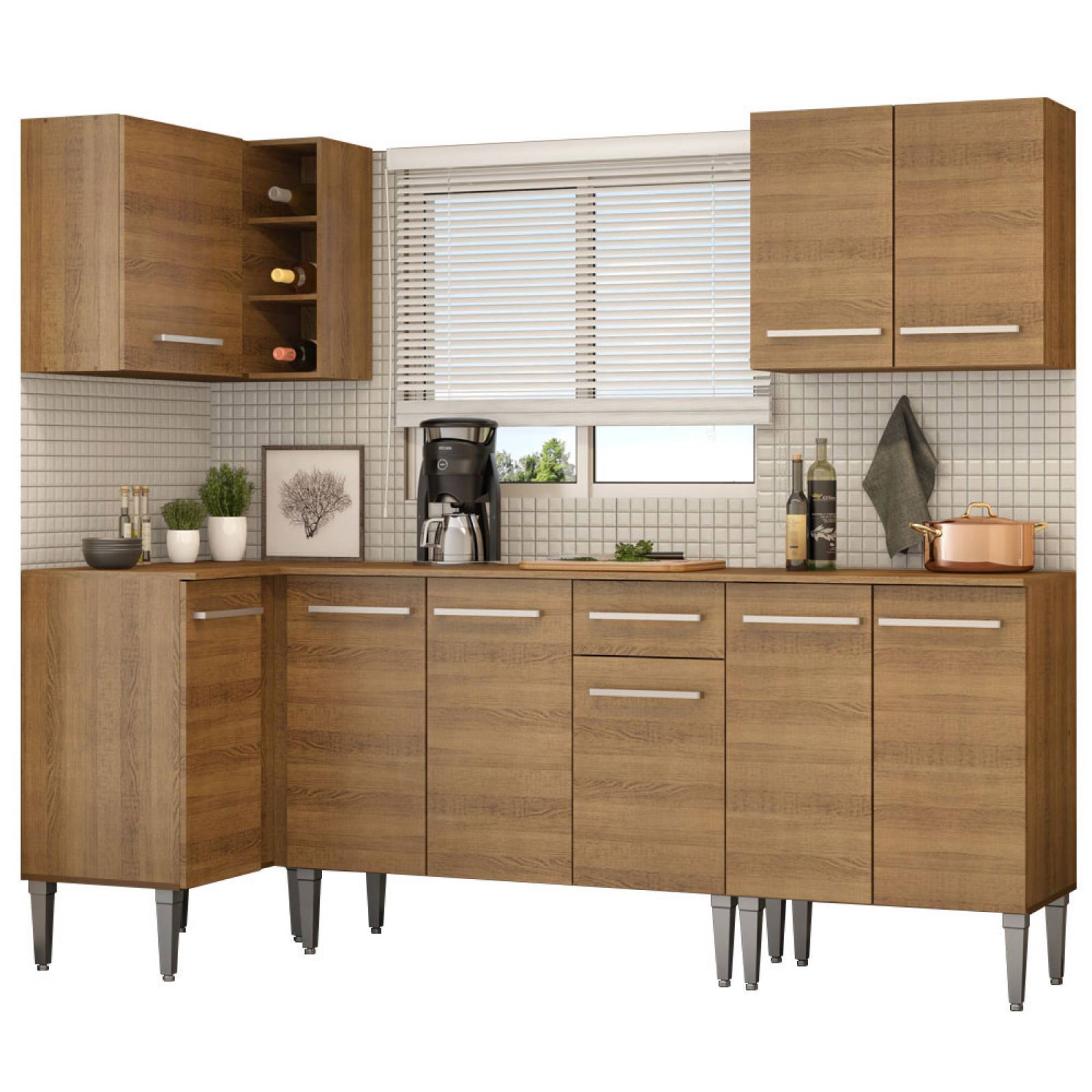 Mueble de Cocina Integral Esquinera 293 cm Marrón Emilly Open Madesa 01.