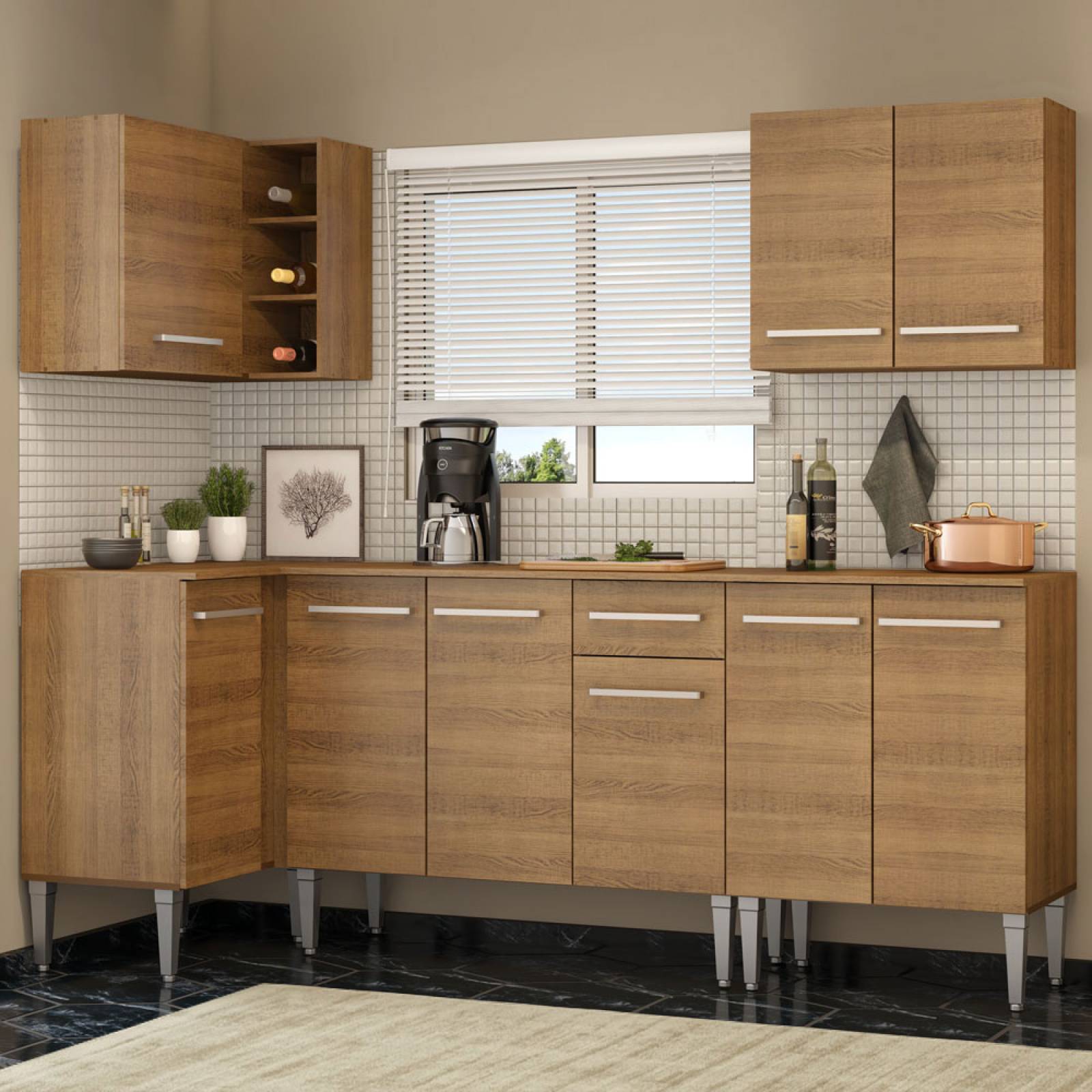 Mueble de Cocina Integral Esquinera 293 cm Marrón Emilly Open Madesa 01.
