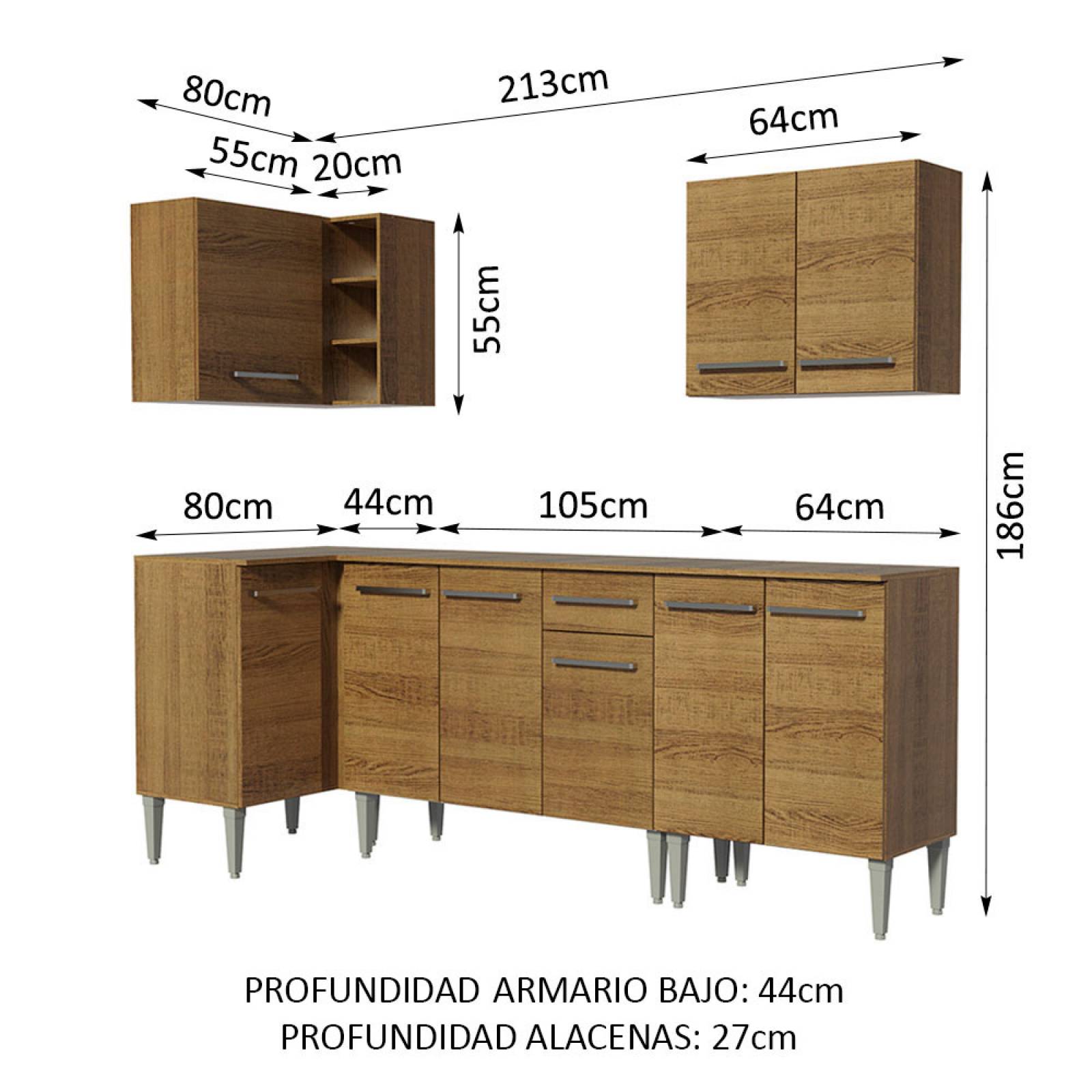 Mueble de Cocina Integral Esquinera 293 cm Marrón Emilly Open Madesa 01.
