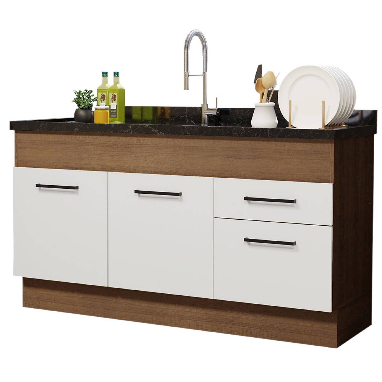 Mueble de Cocina Para Fregadero Madesa Agata 150cm Blanco/Marrón.