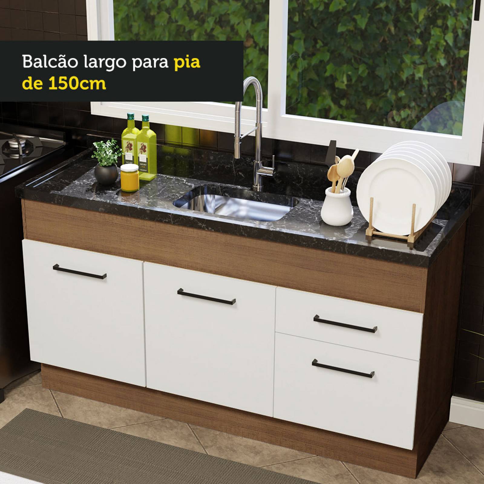 Mueble de Cocina Para Fregadero Madesa Agata 150cm Blanco/Marrón.