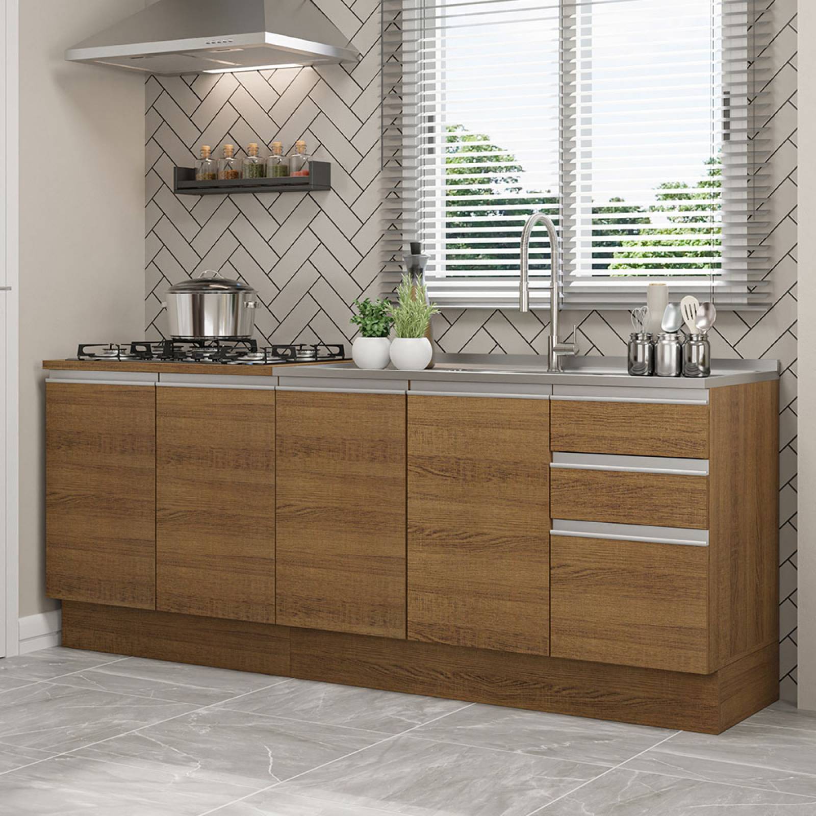 Kit con 2 Muebles de Cocina Madesa Glamy 4 Puertas y 3 Cajones Marrón