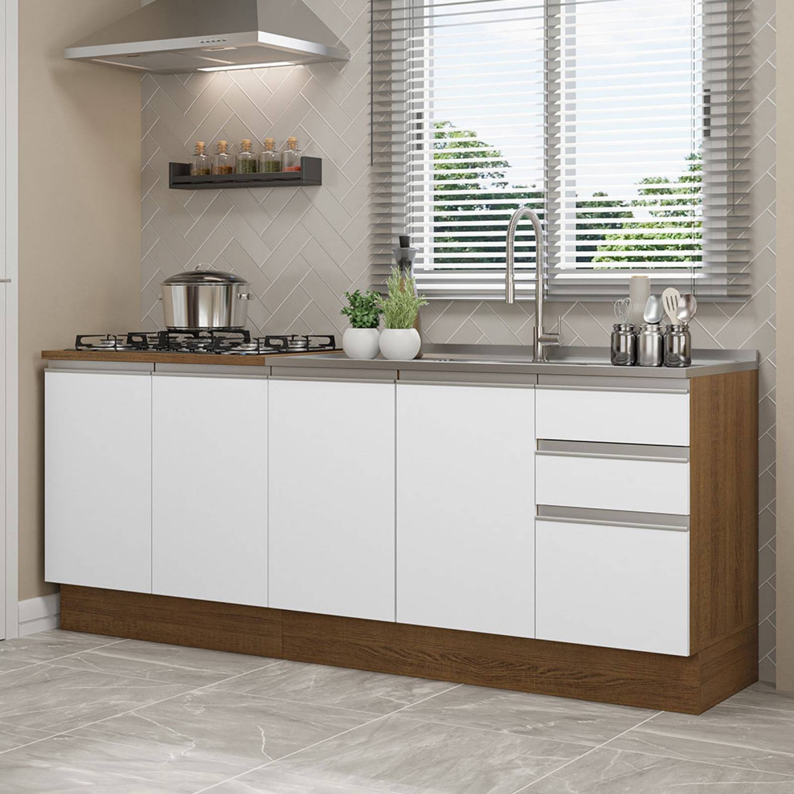 Kit con 2 Muebles de Cocina Madesa Glamy 4 Puertas y 3 Cajones Blanco/Marrón