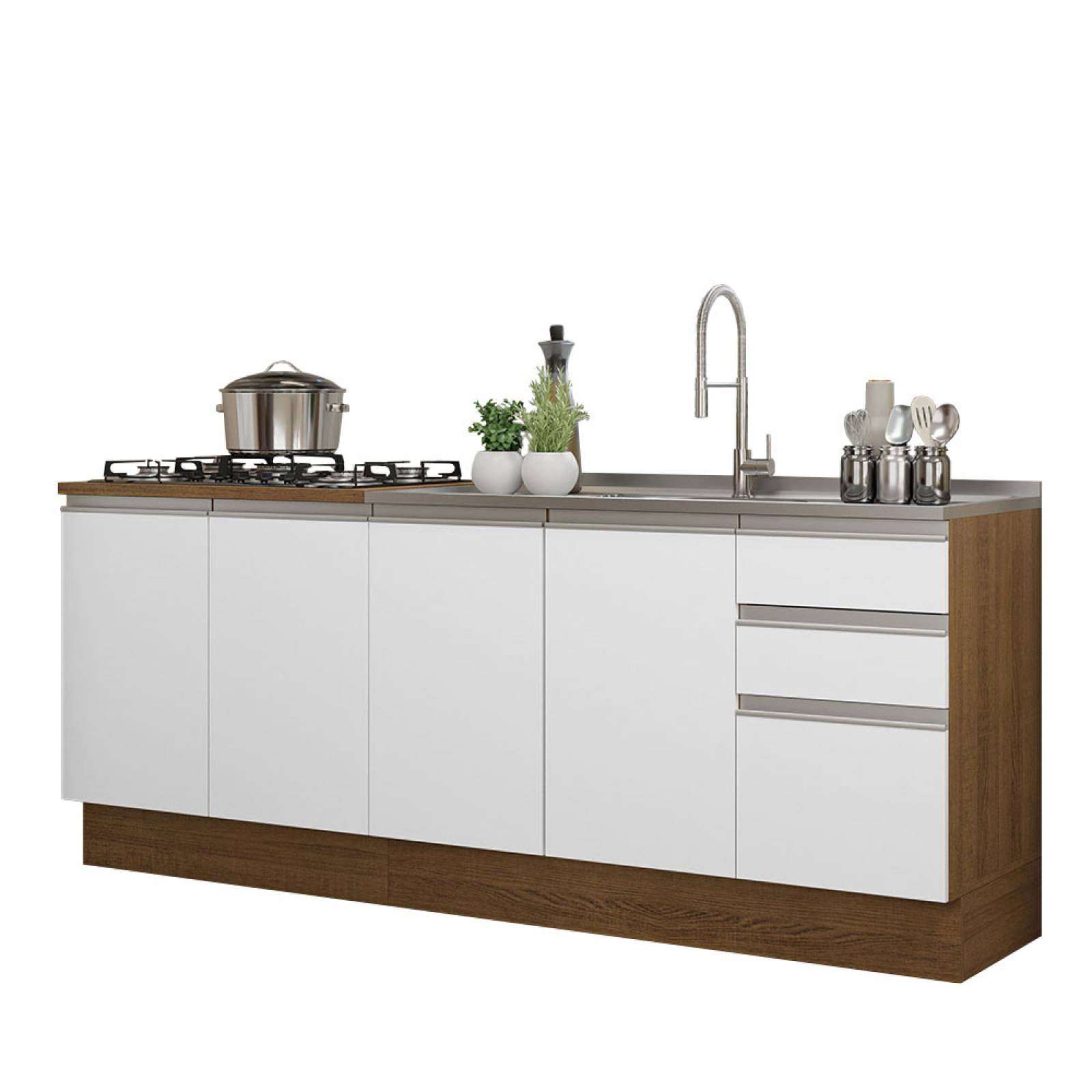 Kit con 2 Muebles de Cocina Madesa Glamy 4 Puertas y 3 Cajones Blanco/Marrón
