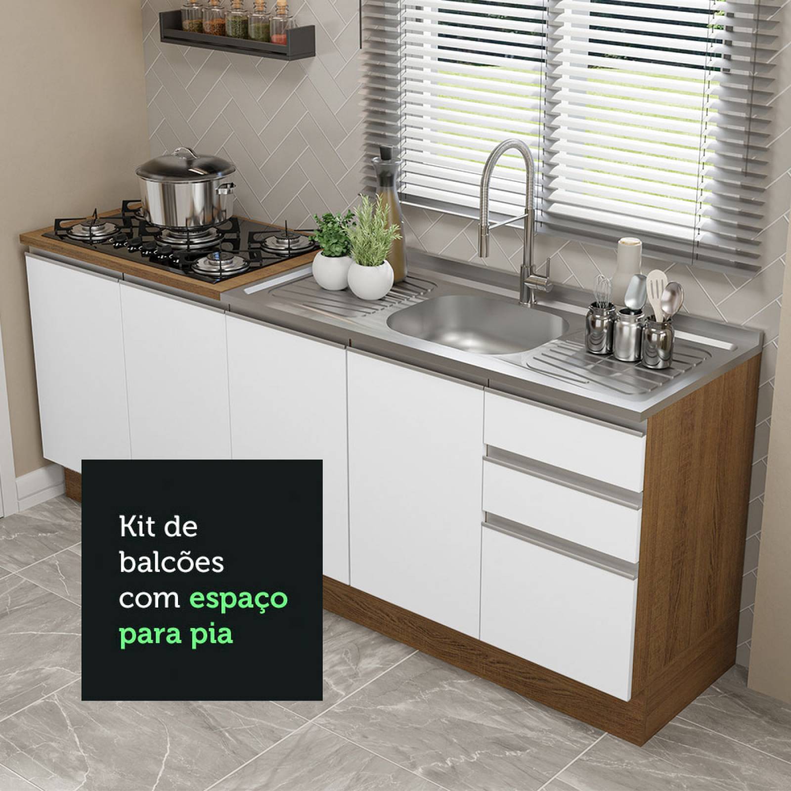 Kit con 2 Muebles de Cocina Madesa Glamy 4 Puertas y 3 Cajones Blanco/Marrón