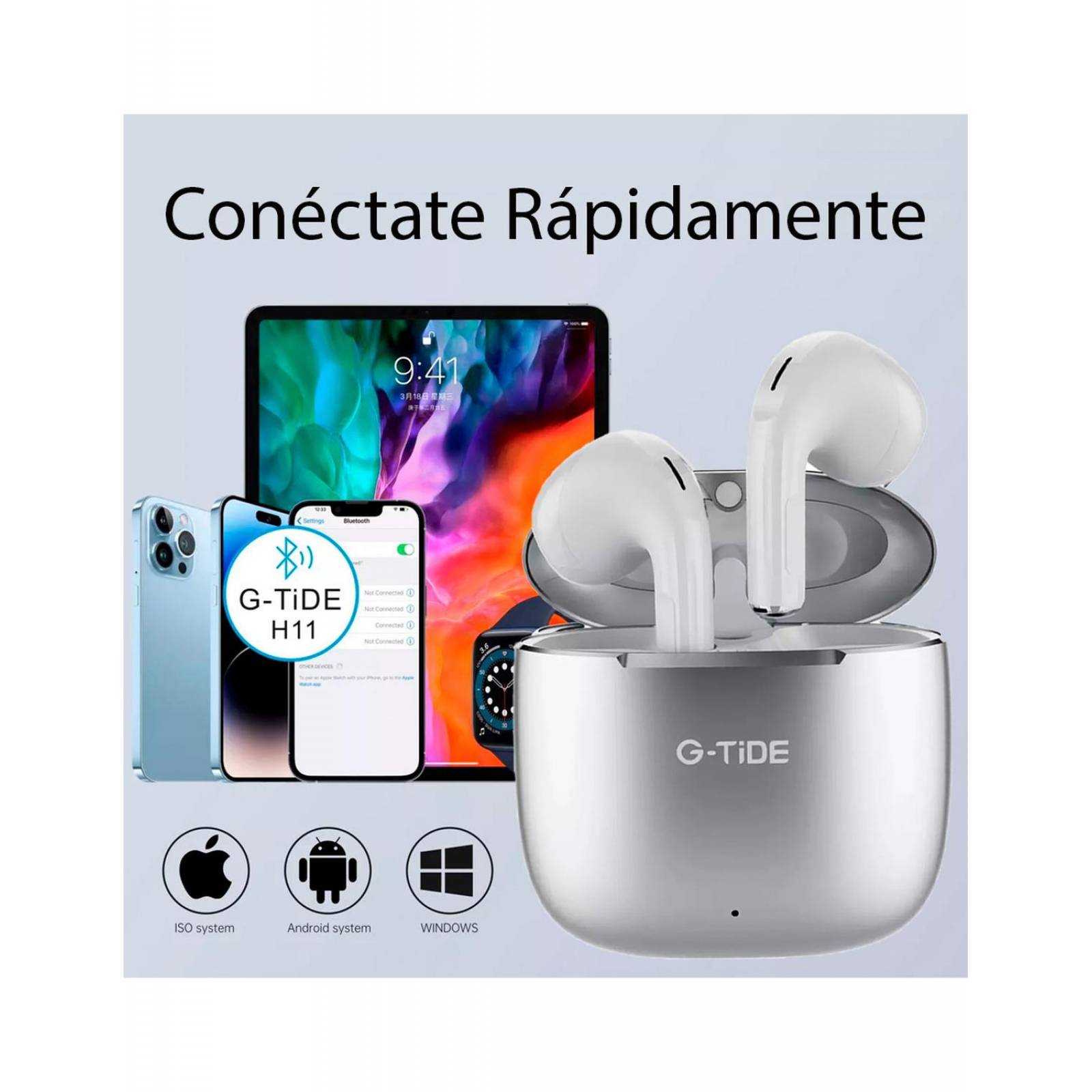 Audífonos Inalambricos G-Tide Indroid Ios H11 Plata 