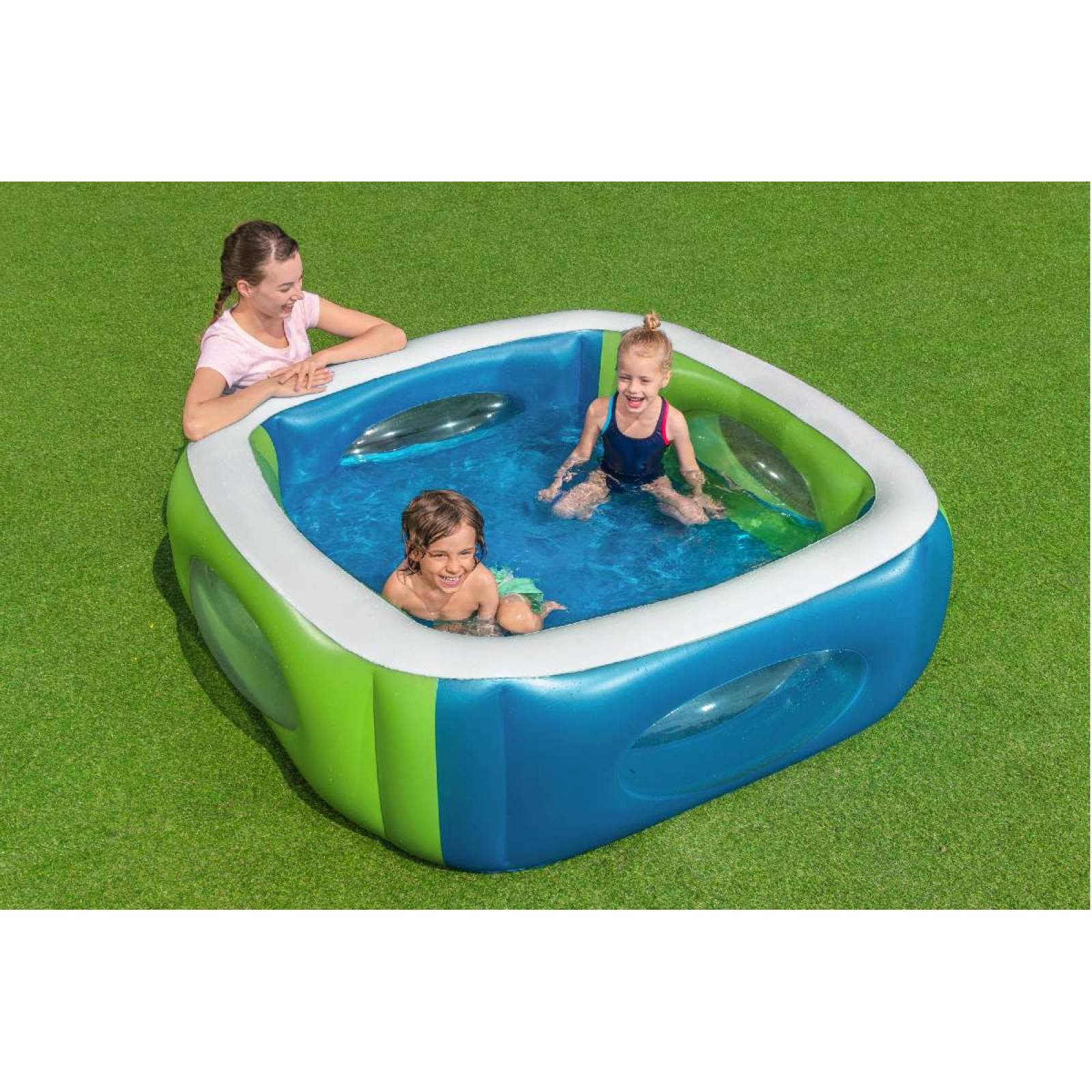 Alberca Inflable Infantil  con ventanas 1 modelo color verde y azul 1.68m x 1.68m x 56cm caja 1