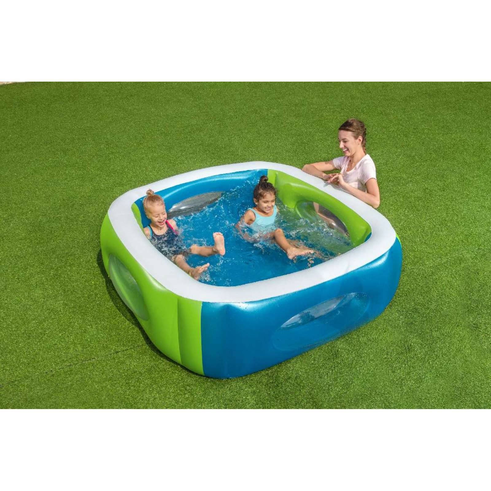 Alberca Inflable Infantil  con ventanas 1 modelo color verde y azul 1.68m x 1.68m x 56cm caja 1