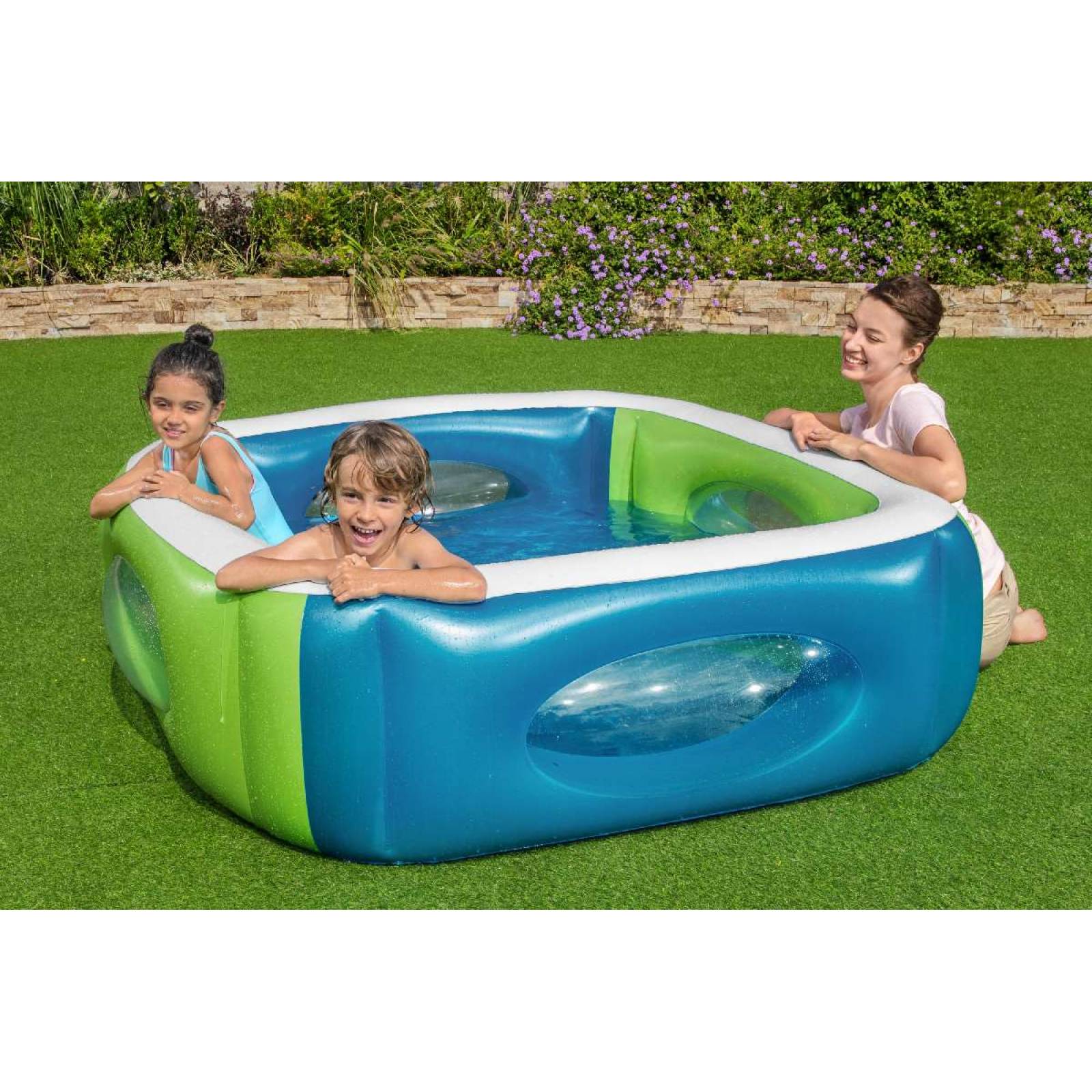 Alberca Inflable Infantil  con ventanas 1 modelo color verde y azul 1.68m x 1.68m x 56cm caja 1