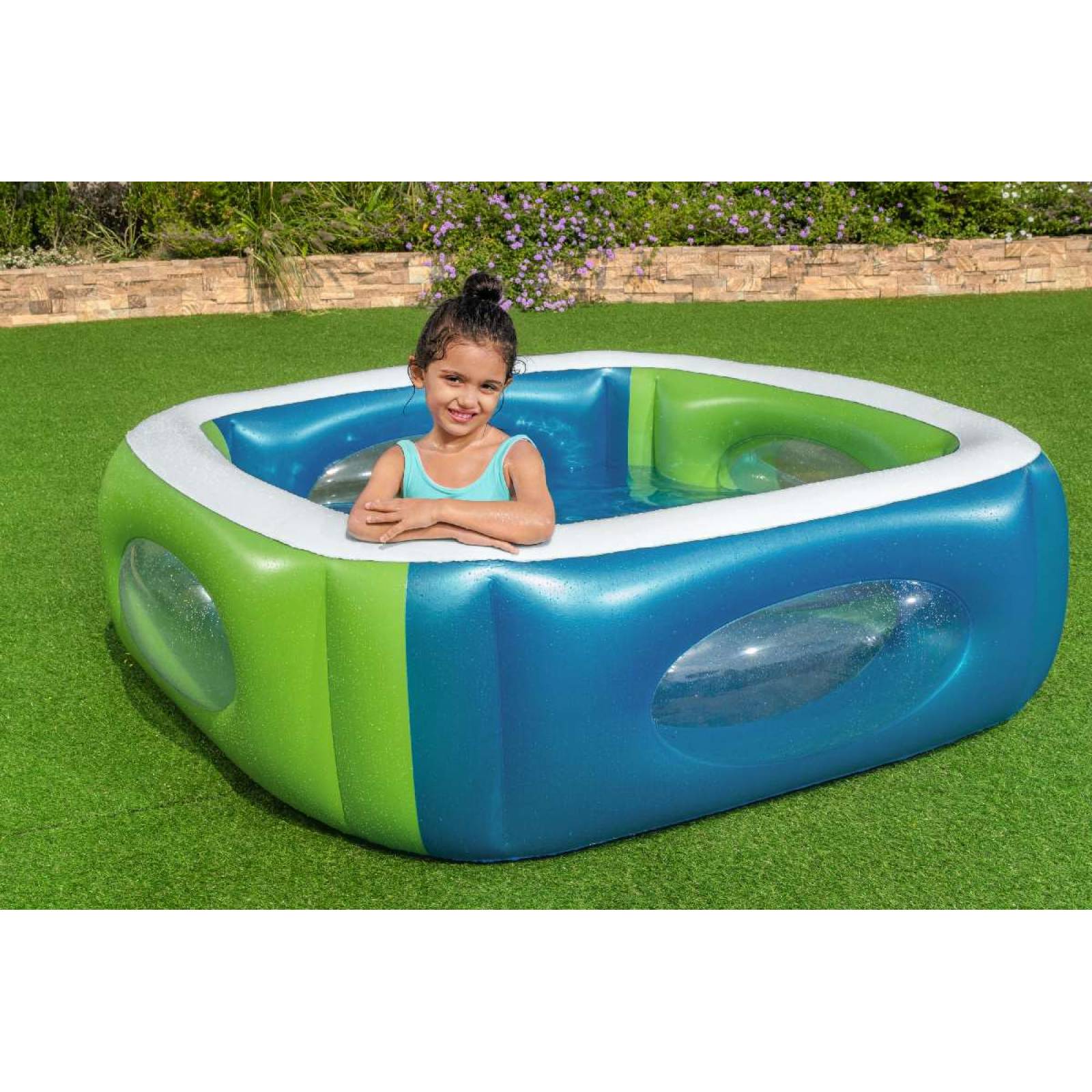 Alberca Inflable Infantil  con ventanas 1 modelo color verde y azul 1.68m x 1.68m x 56cm caja 1