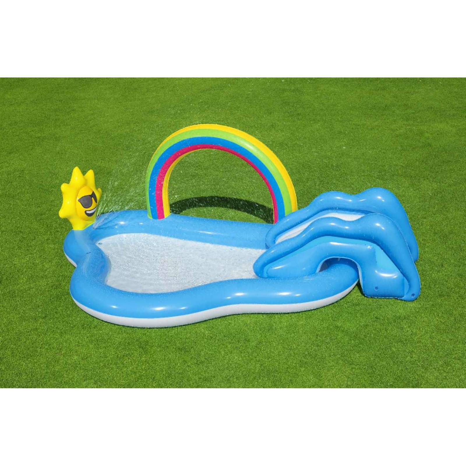 Alberca Inflable Infantil con resbaldilla decorada arcoiris y sol 2.57m x 1.45m x 91cm caja 1