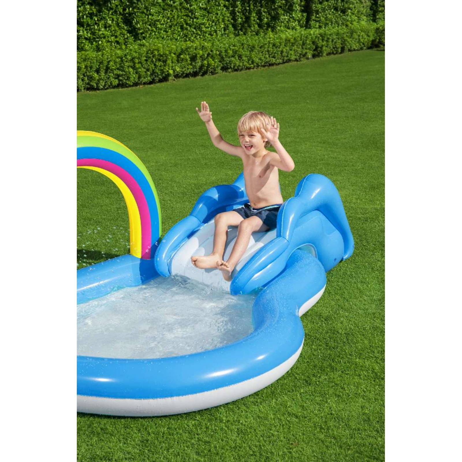 Alberca Inflable Infantil con resbaldilla decorada arcoiris y sol 2.57m x 1.45m x 91cm caja 1