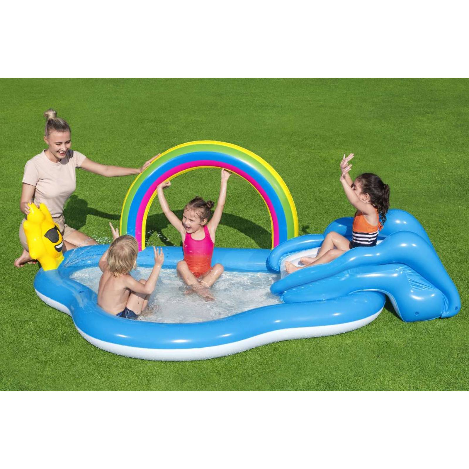 Alberca Inflable Infantil con resbaldilla decorada arcoiris y sol 2.57m x 1.45m x 91cm caja 1