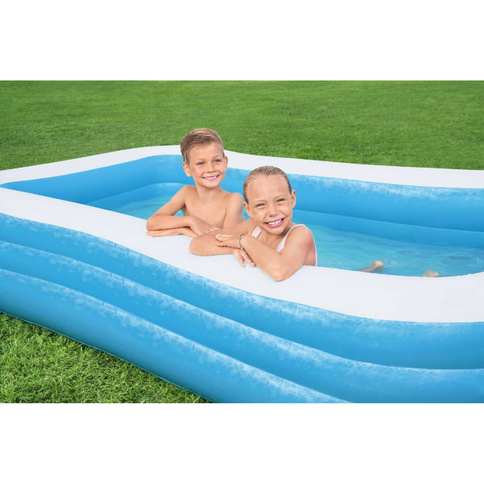Alberca inflable 3.05x1.83cm rectangular 3 anillos azul con blanco caja  1