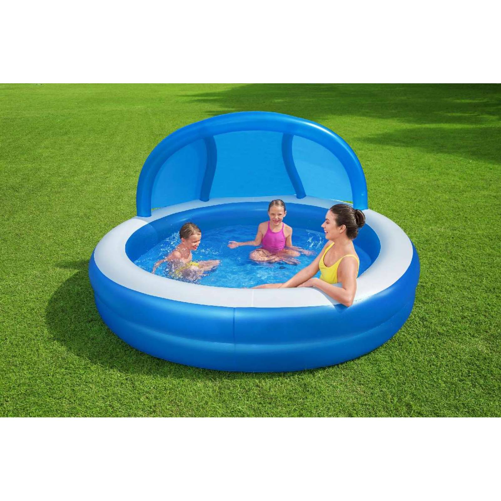 Alberca inflable redonda 2.41x2.41x1.4cm con sombrilla y asiento integrado  azul 1 modelo  Caja  1