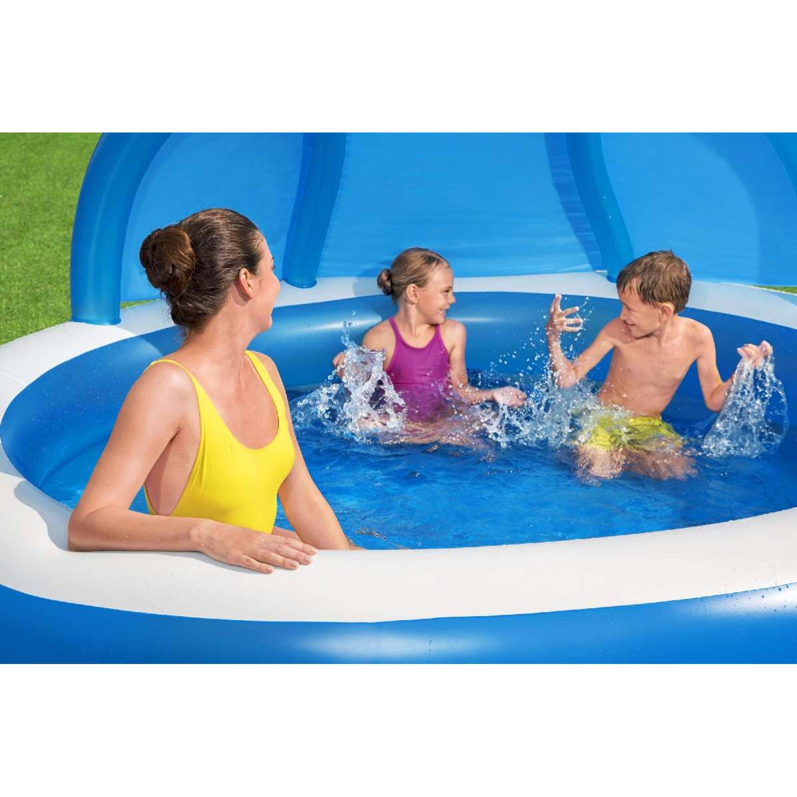 Alberca inflable redonda 2.41x2.41x1.4cm con sombrilla y asiento integrado  azul 1 modelo  Caja  1