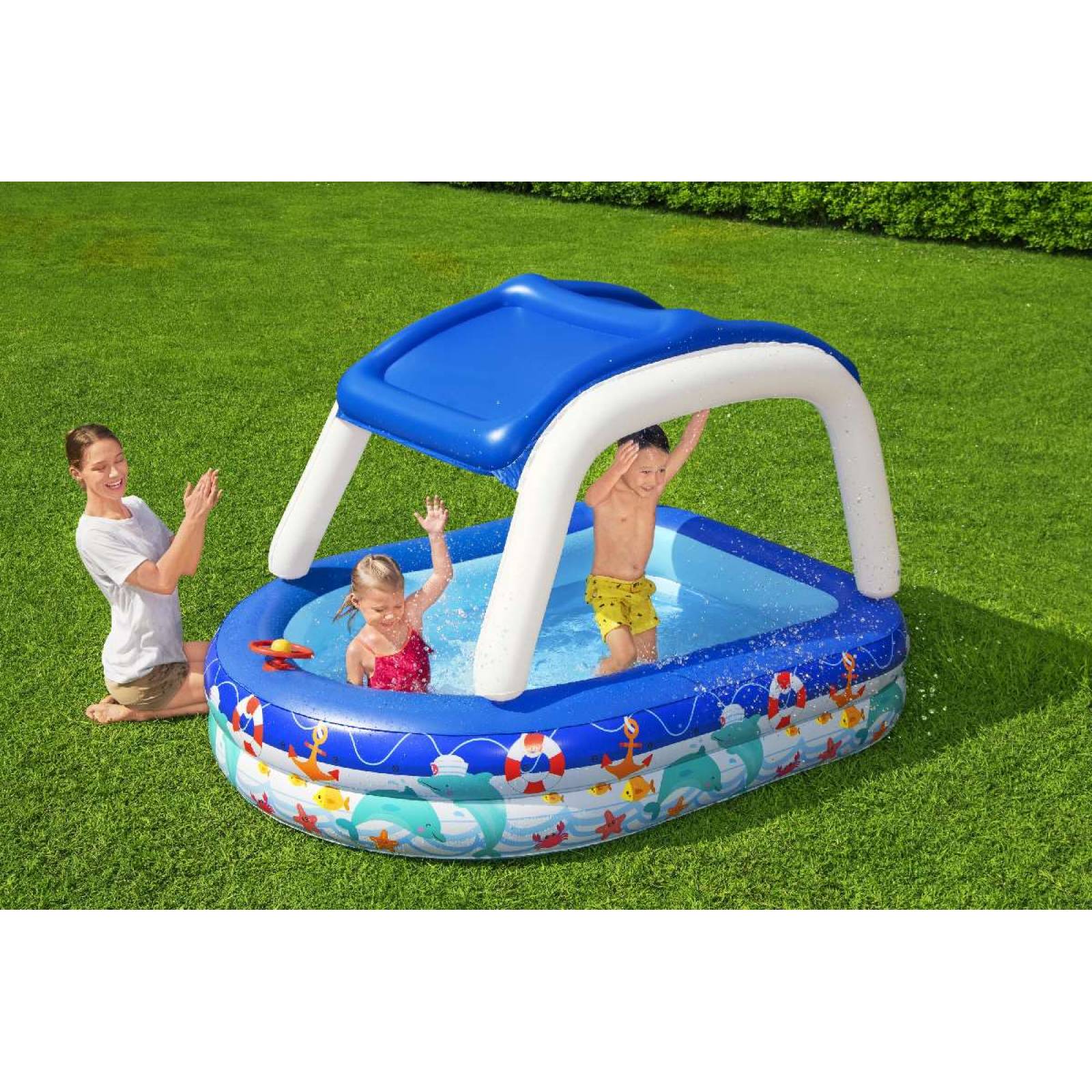 Alberca Inflable Familiar decorada mar con techo de  1 modelo  2.13m x 1.55m x 1.32m caja  1