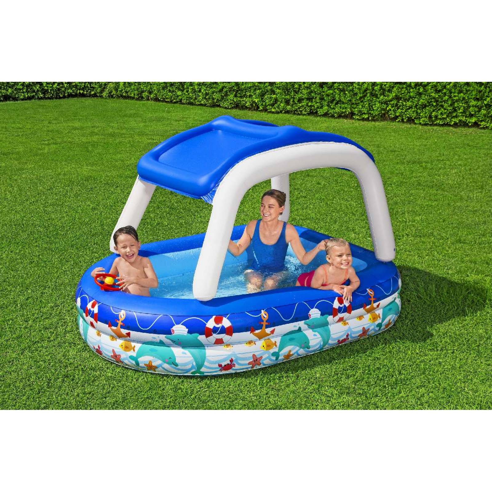 Alberca Inflable Familiar decorada mar con techo de  1 modelo  2.13m x 1.55m x 1.32m caja  1