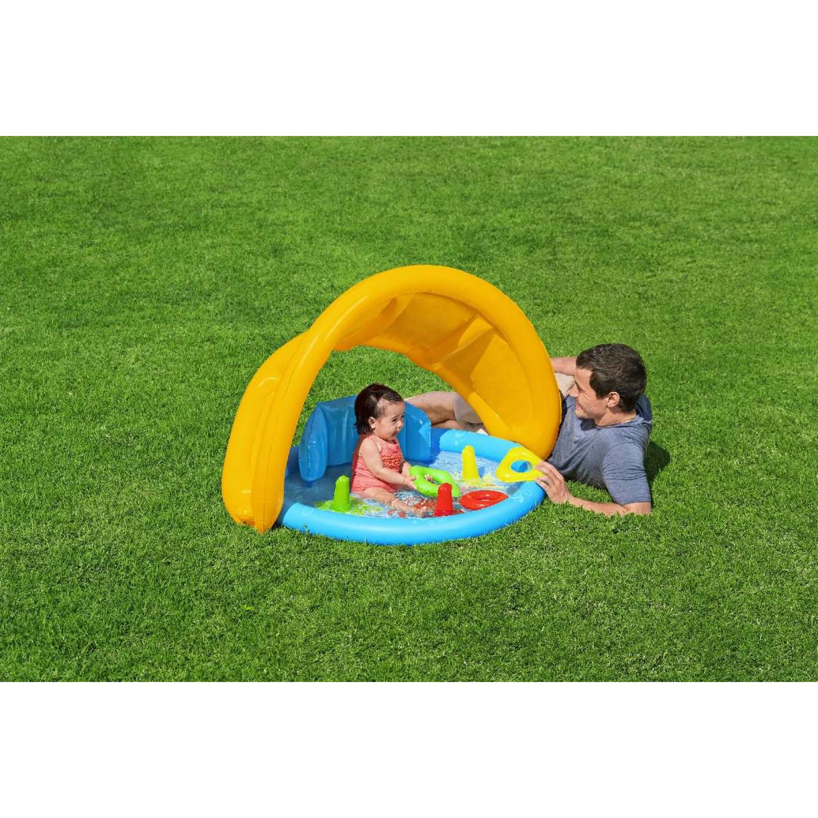 Alberca inflable infantl 1.15x.89x.76cm  con sombrilla y figuras para insertar  caja  1