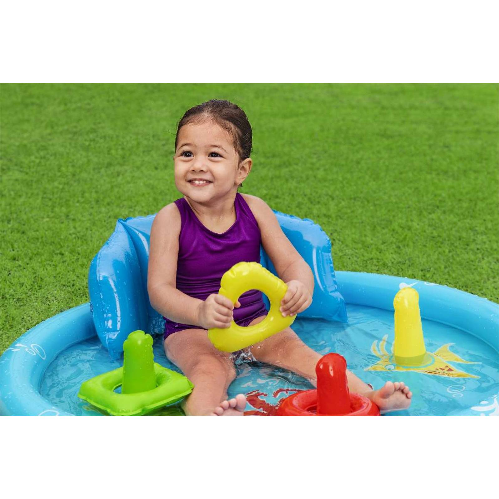 Alberca inflable infantl 1.15x.89x.76cm  con sombrilla y figuras para insertar  caja  1