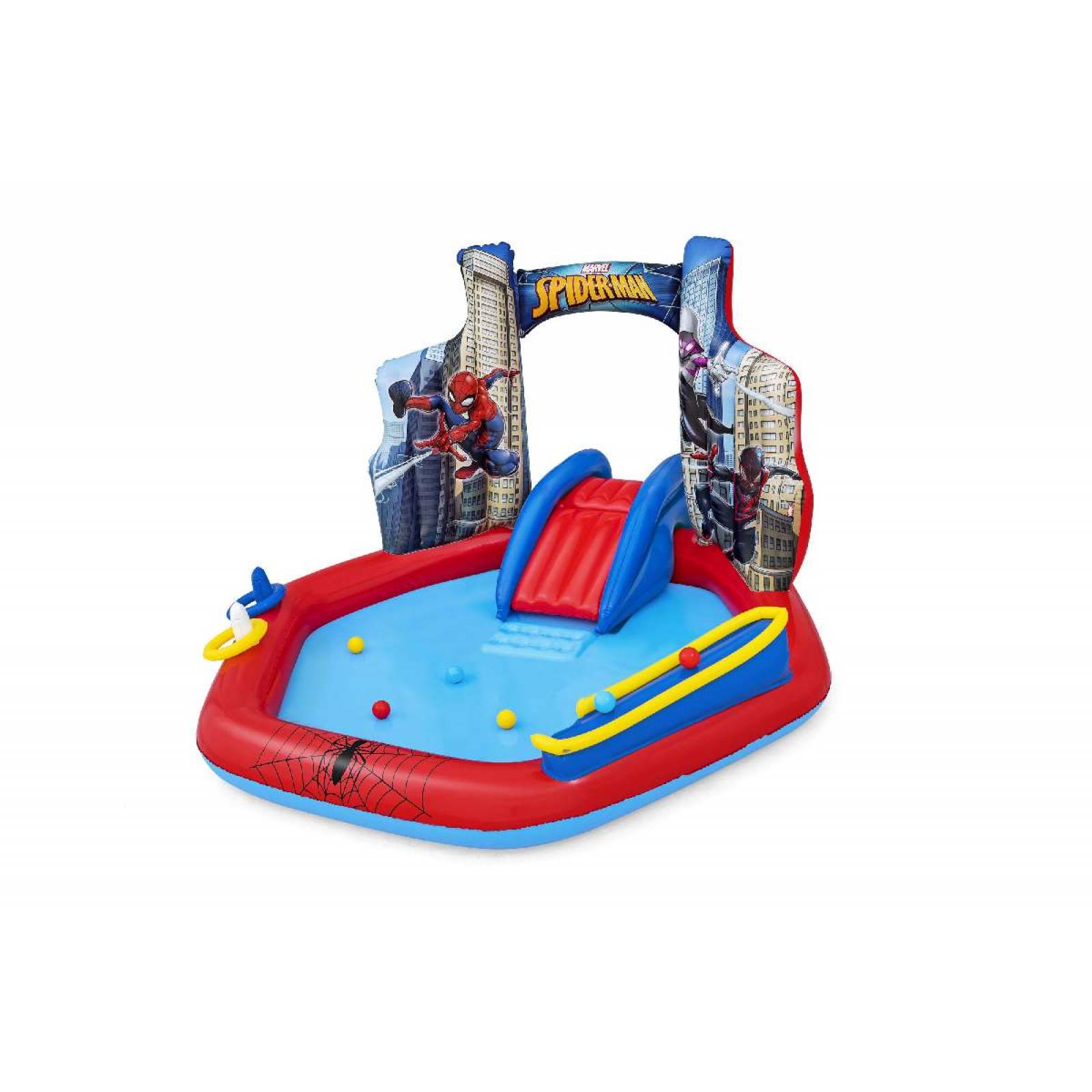 Alberca inflable 2.11x2.06x1.27cm spiderman con resbaladilla caja 1