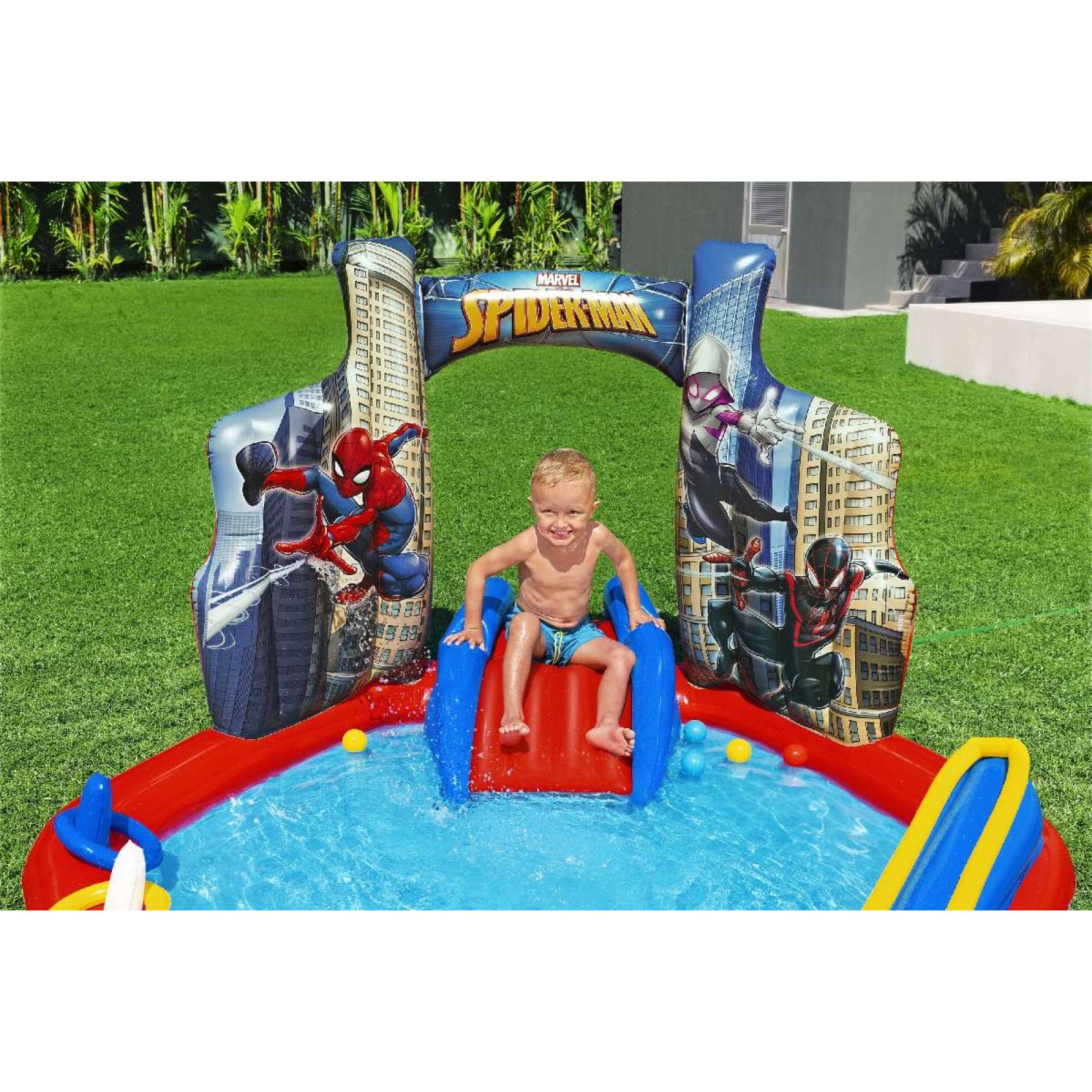 Alberca inflable 2.11x2.06x1.27cm spiderman con resbaladilla caja 1