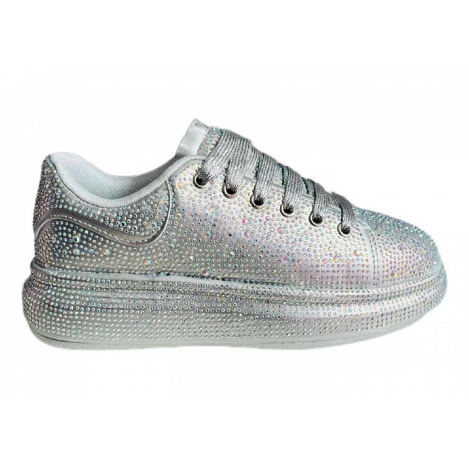 Tenis para Dama Mujer con Brillos y Pedrería Incrustada de Moda Plata