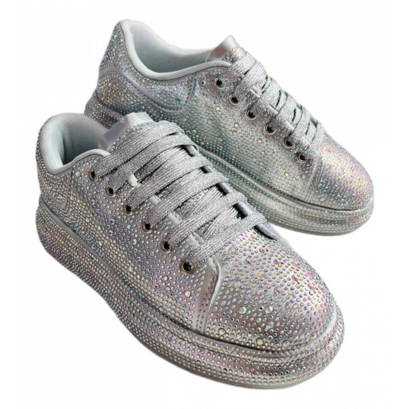 Tenis para Dama Mujer con Brillos y Pedrería Incrustada de Moda Plata