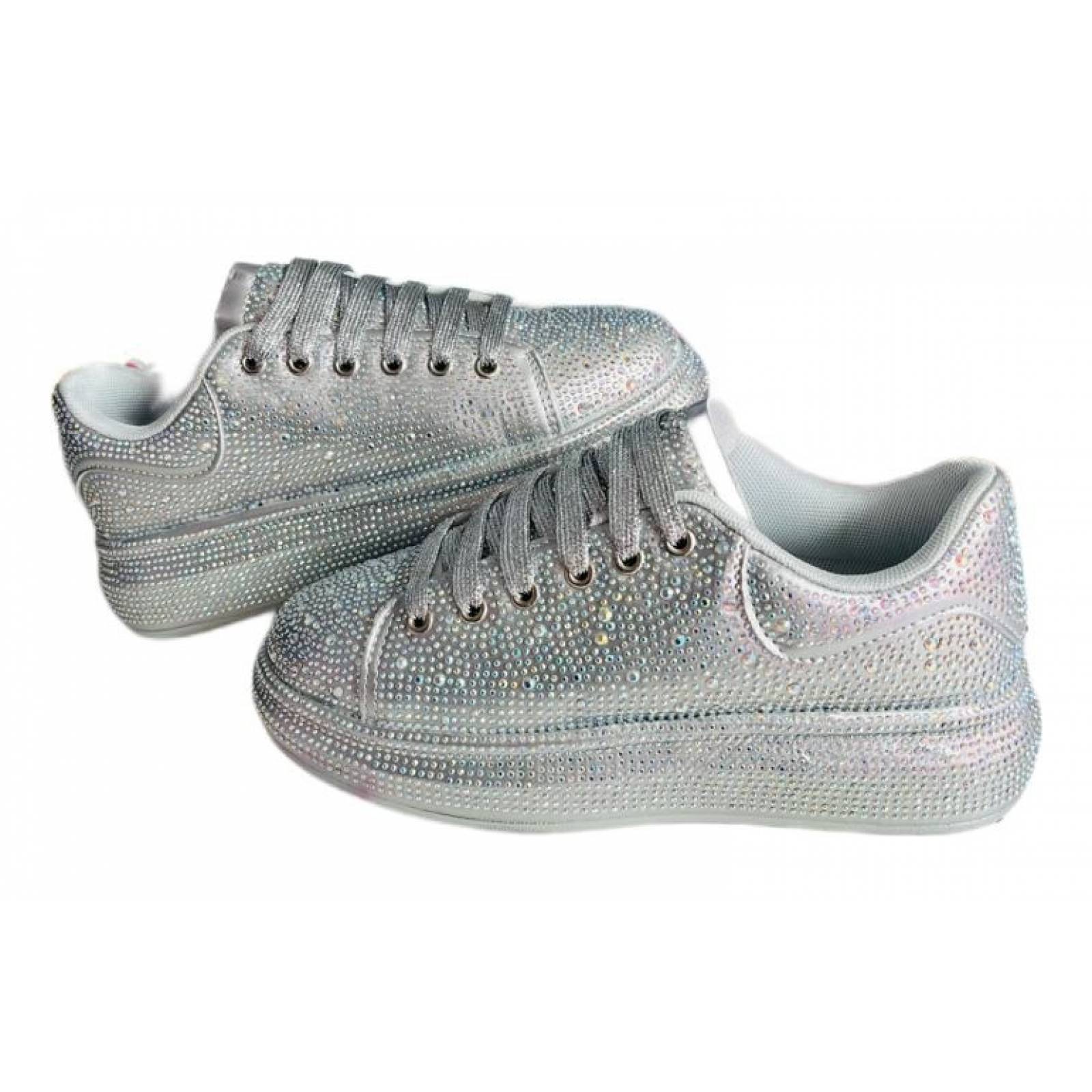 Tenis para Dama Mujer con Brillos y Pedrería Incrustada de Moda Plata