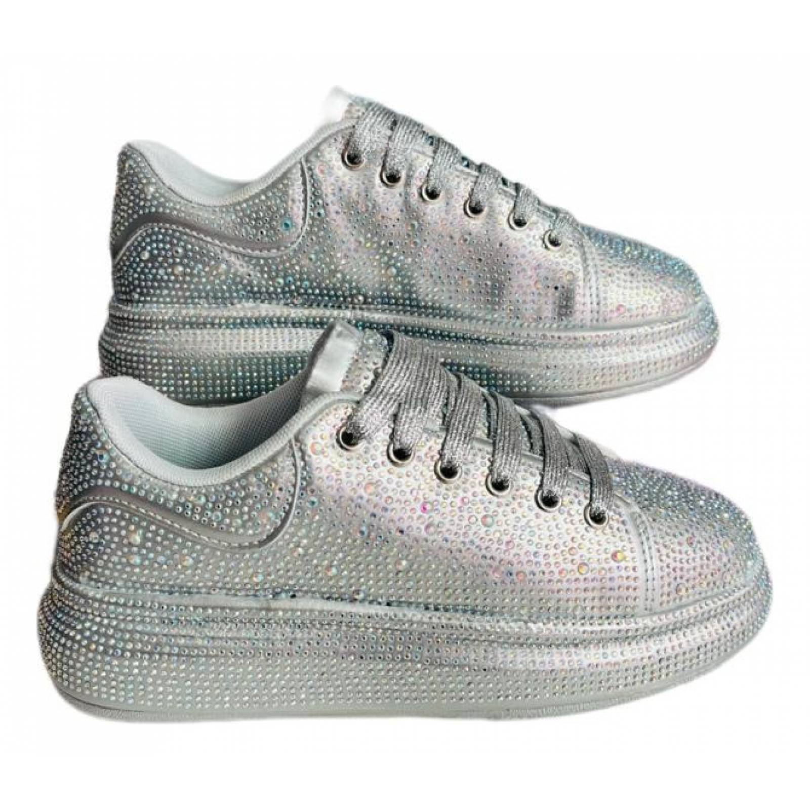 Tenis para Dama Mujer con Brillos y Pedrería Incrustada de Moda Plata