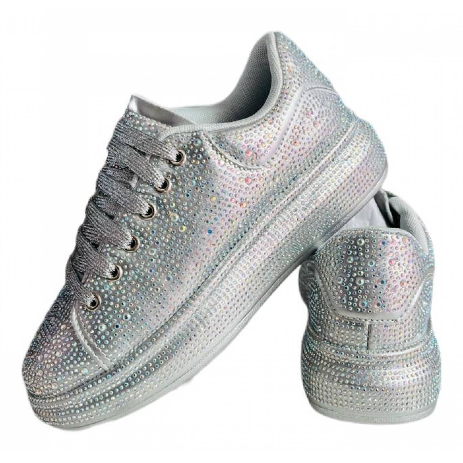 Tenis para Dama Mujer con Brillos y Pedrería Incrustada de Moda Plata
