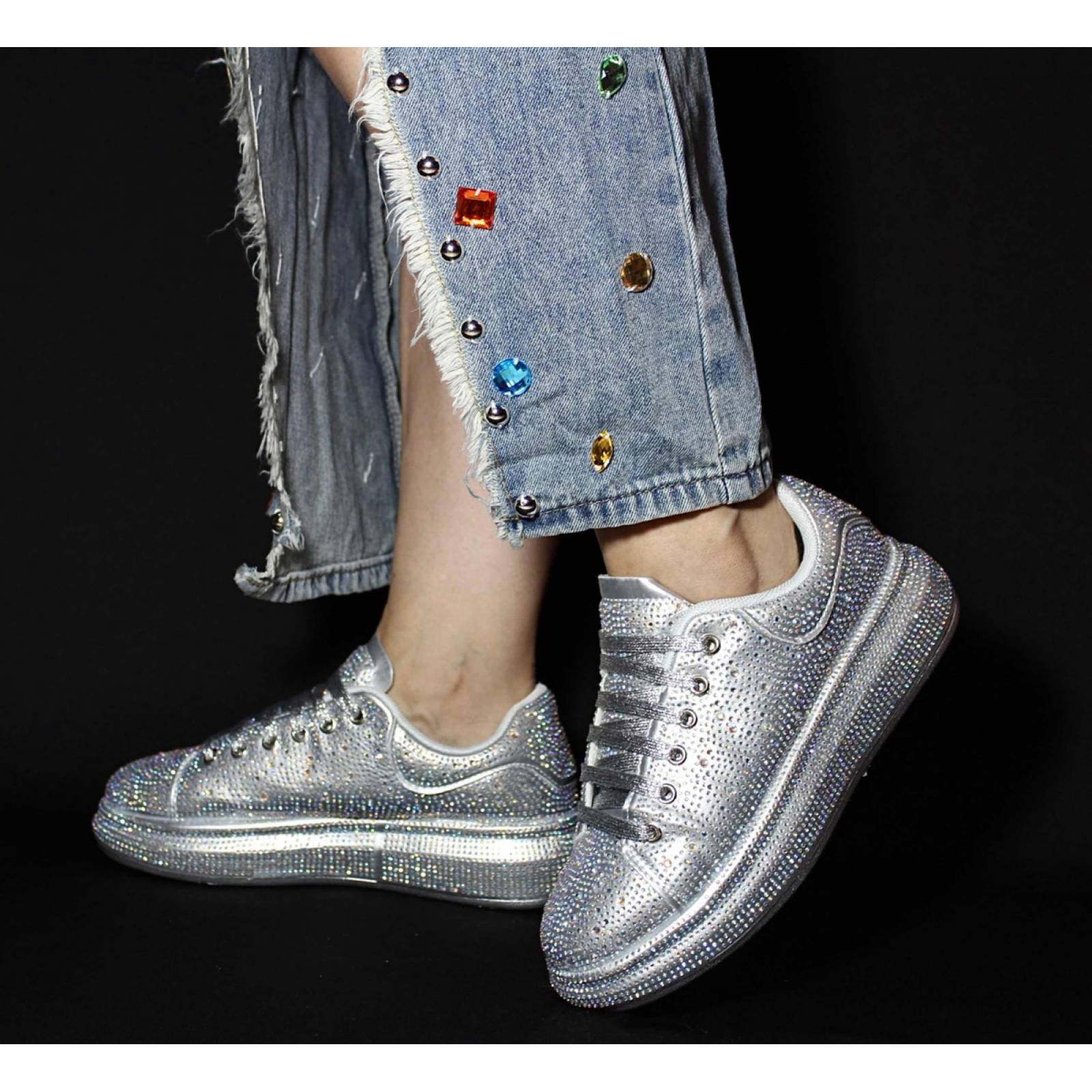 Tenis para Dama Mujer con Brillos y Pedrería Incrustada de Moda Plata