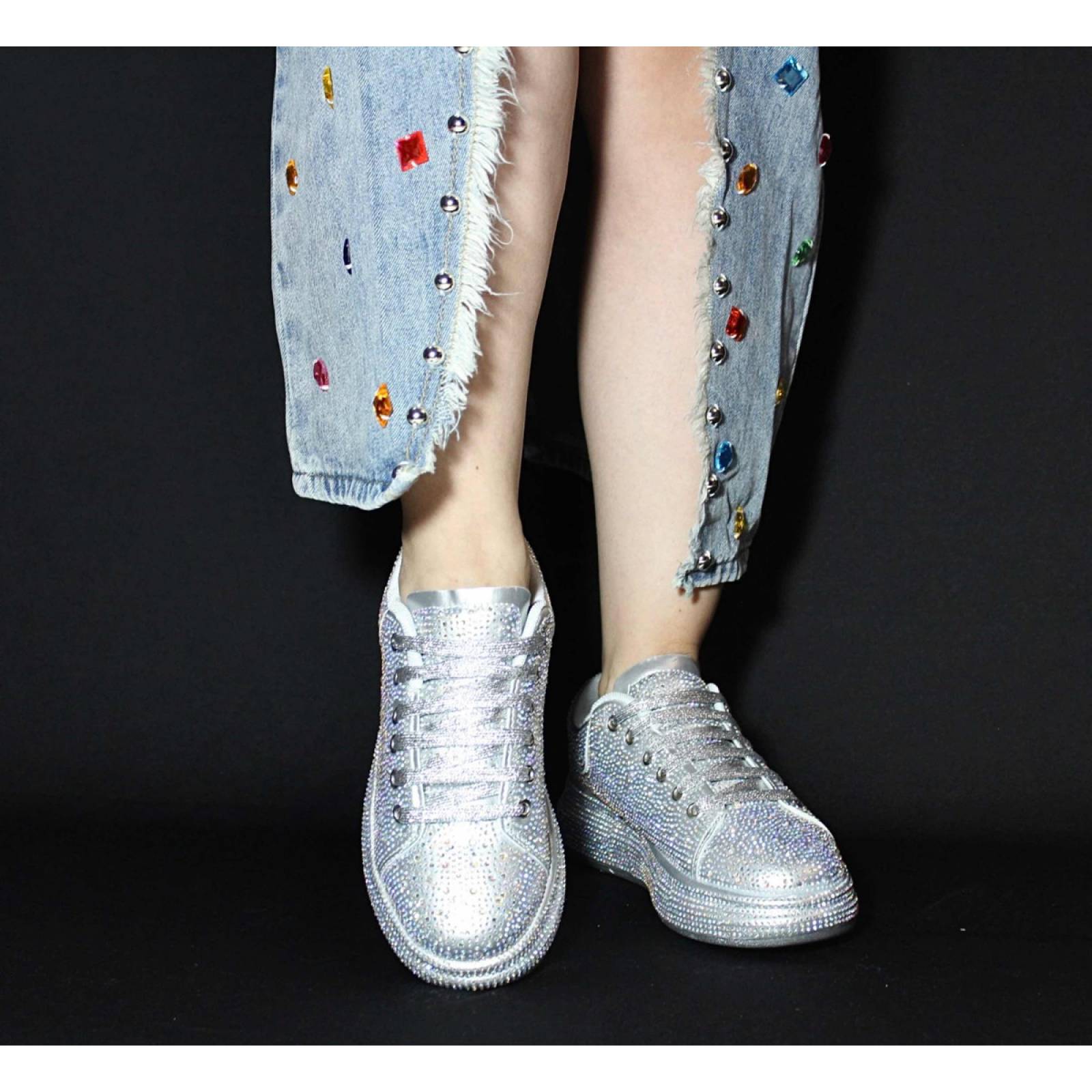 Tenis para Dama Mujer con Brillos y Pedrería Incrustada de Moda Plata