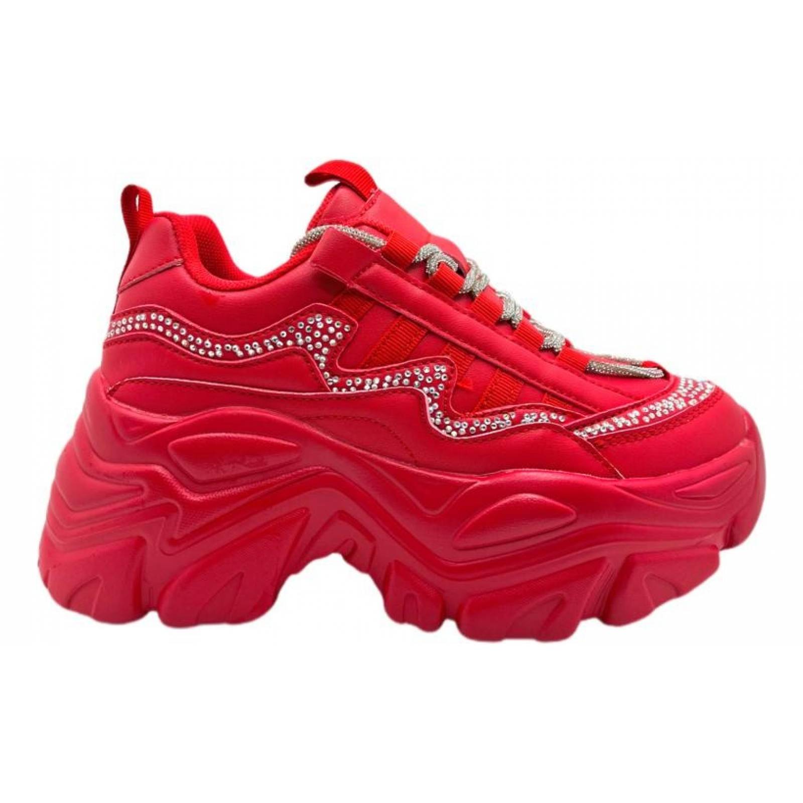 Tenis para Dama Mujer de Plataforma Chunky Rojos con Agujeta de Brillos