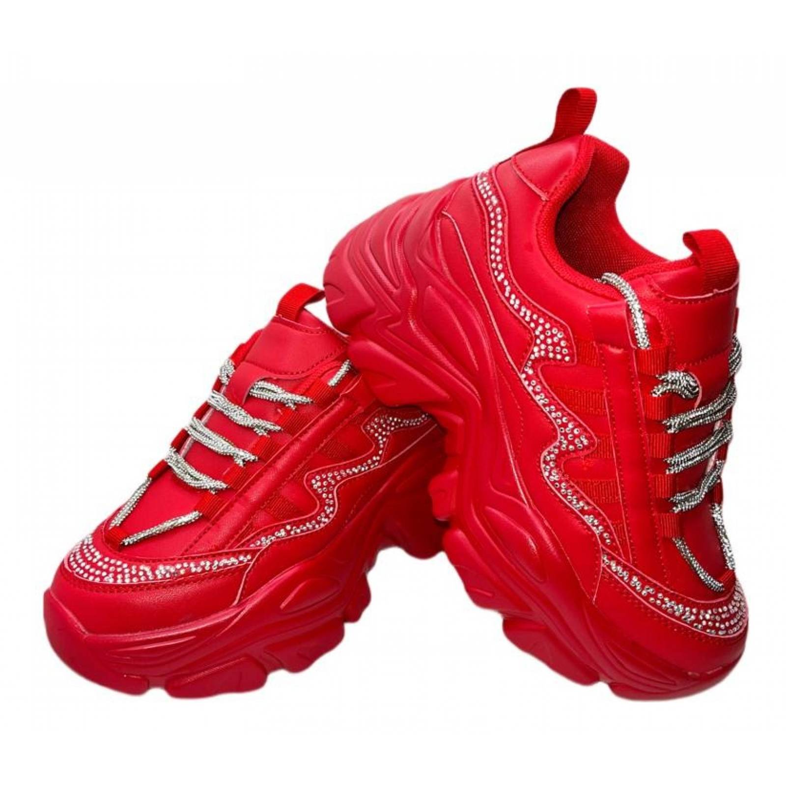 Tenis para Dama Mujer de Plataforma Chunky Rojos con Agujeta de Brillos