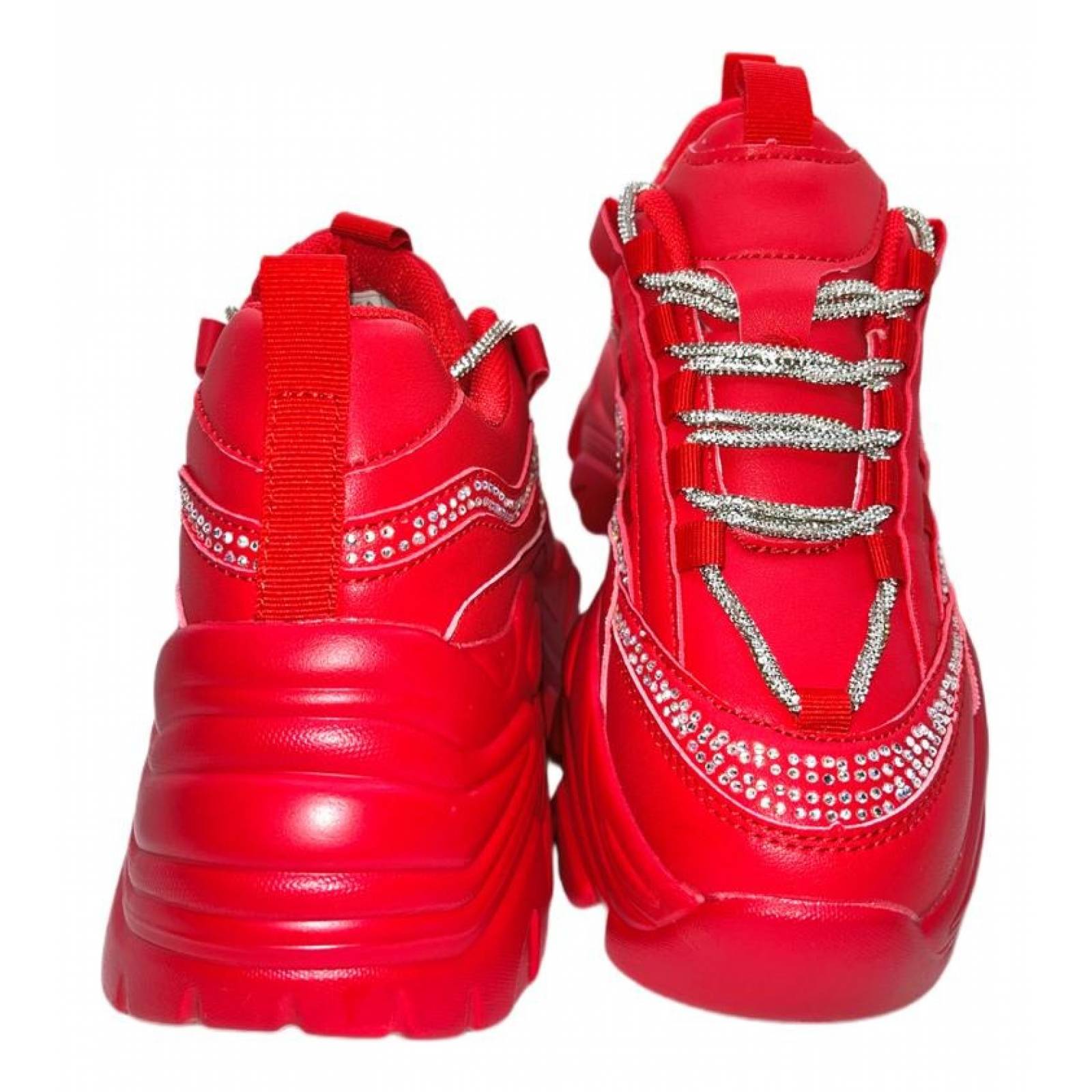 Tenis para Dama Mujer de Plataforma Chunky Rojos con Agujeta de Brillos