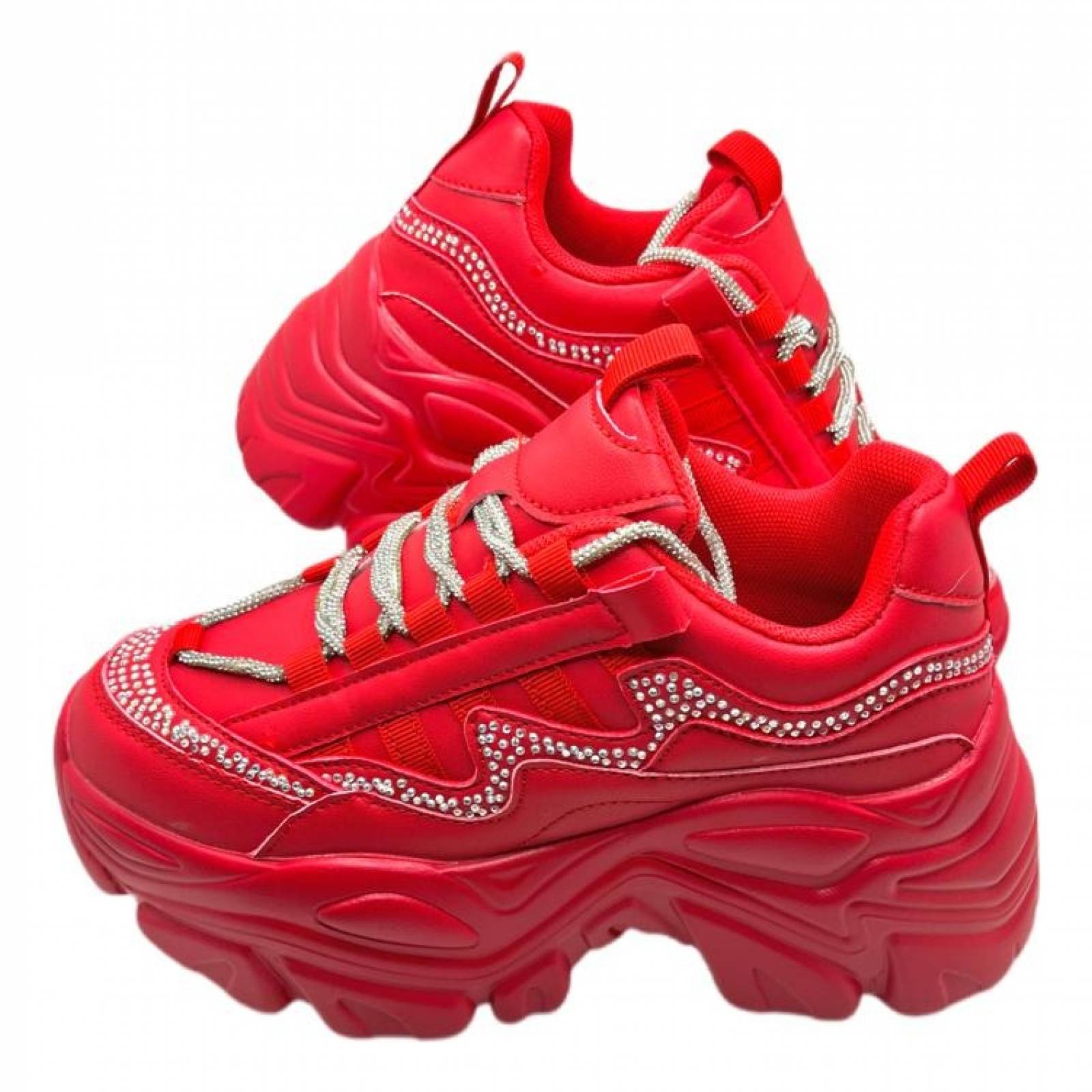 Tenis para Dama Mujer de Plataforma Chunky Rojos con Agujeta de Brillos